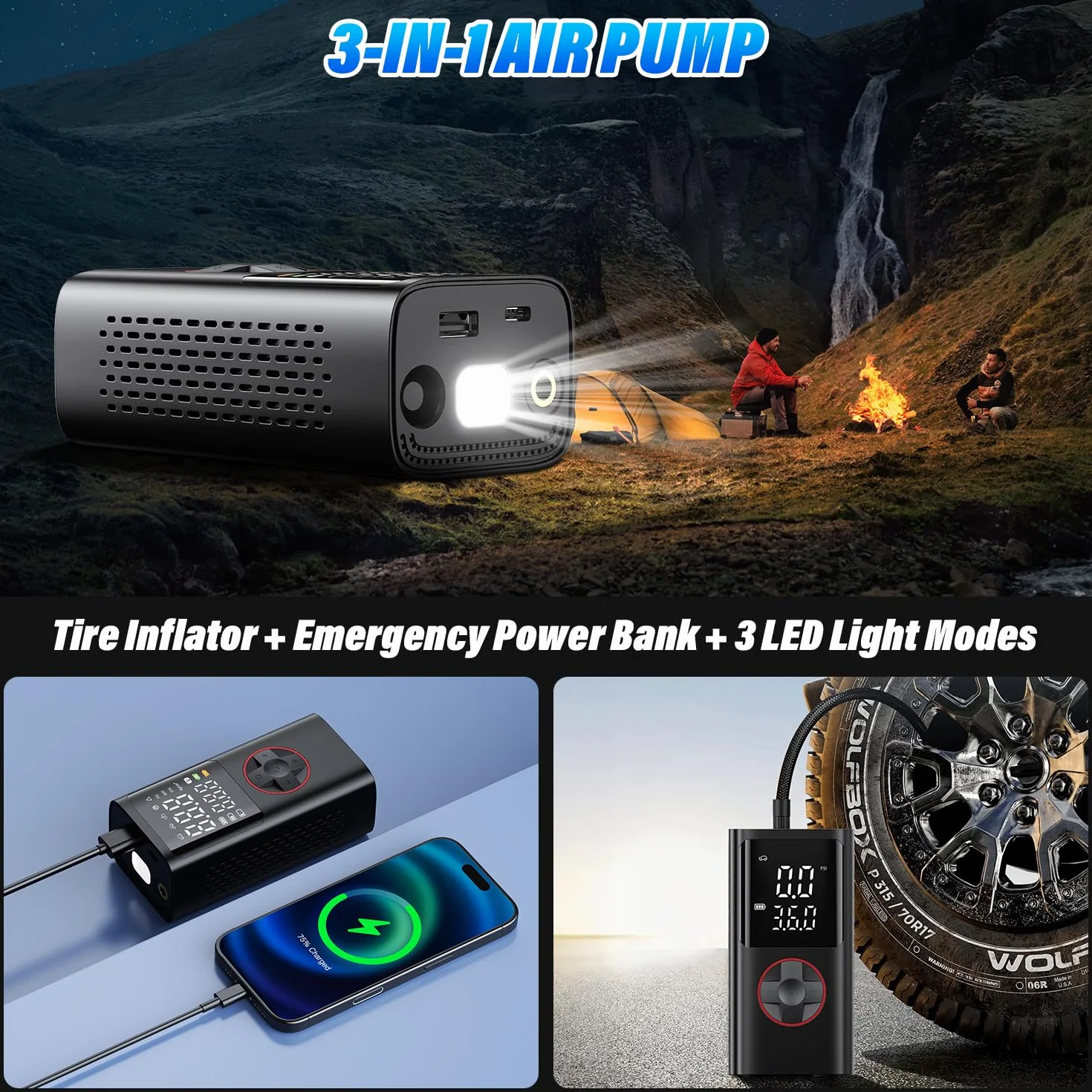 Onherm Compressore Aria Portatile 10.3 Bar/150PSI Pompa Elettrica Bicicletta 5 Modalità Mini con Luce LED