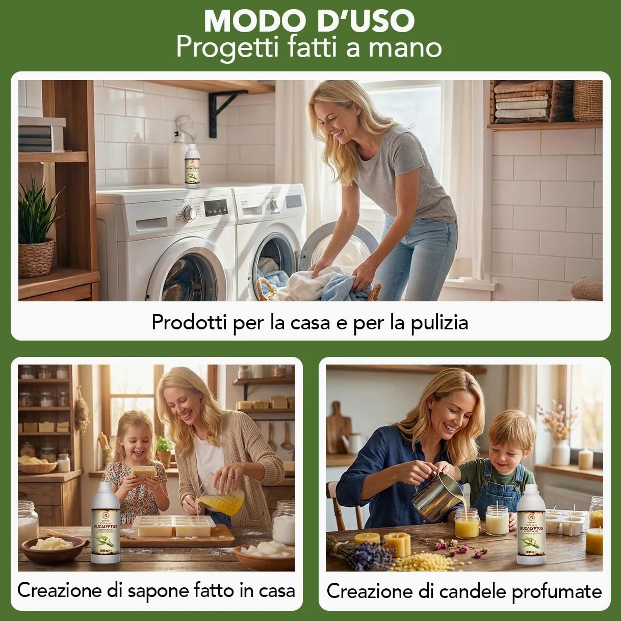 Olio Essenziale di Eucalipto 1000 ml - Eucalyptus Globulus - Naturale e Puro - Olio essenziali per Diffusori - Profumi per la Casa - Saponi e Candele - Sauna - Aroma Eucalipto - Aromaterapia