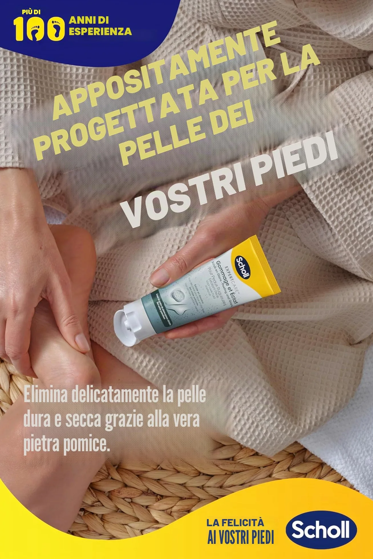 Scholl Crema Piedi Scrub e Brillante per pelli ruvide - Cura esfoliante per piedi secchi e ruvidi a base di pomice vulcanica - 75 ml
