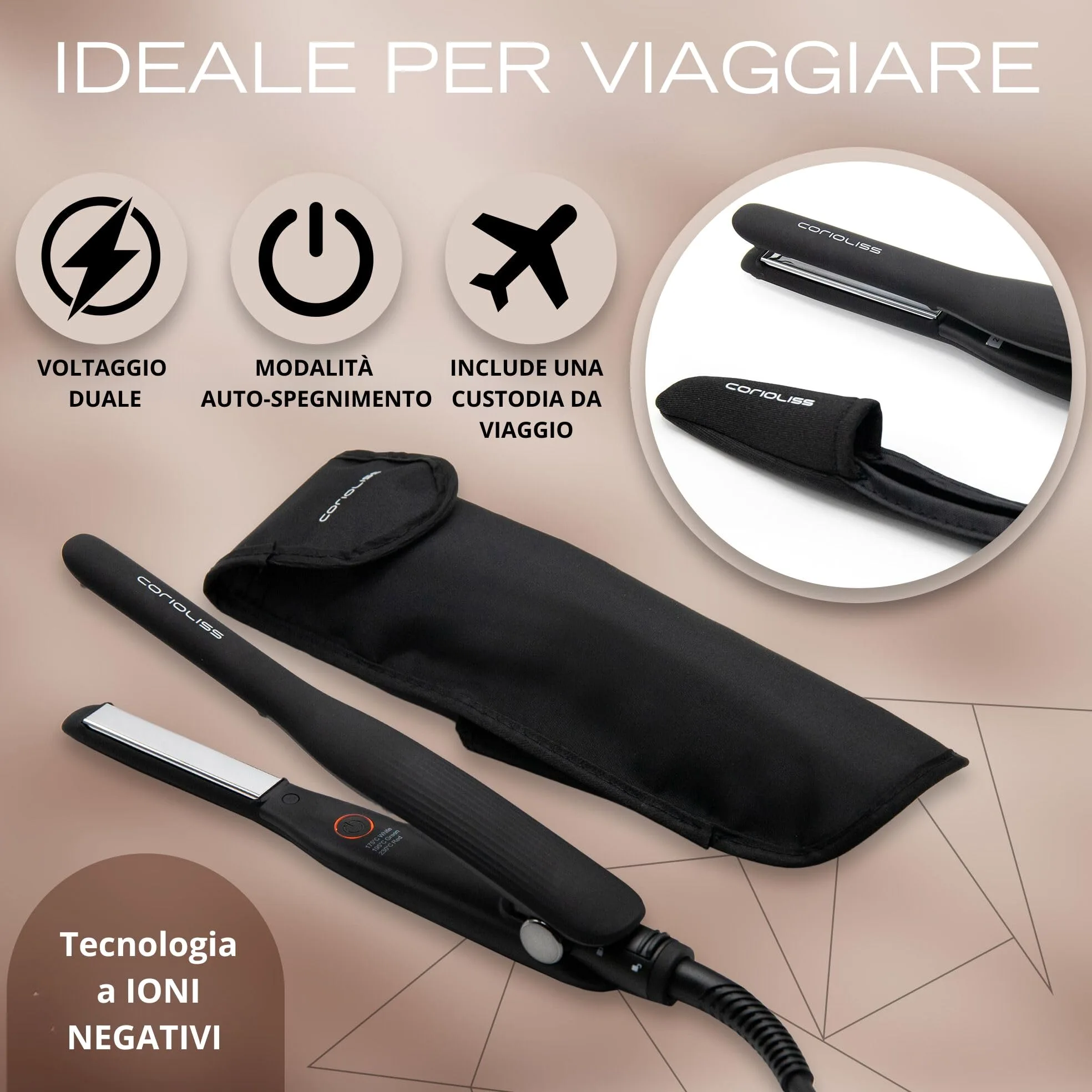 Corioliss Piastra per capelli Mini C-Slim con piastre extra sottili in titanio | Perfetta per Frangia e Capelli Corti | Uomo e Donna | Ionica | Anticrespo Black.