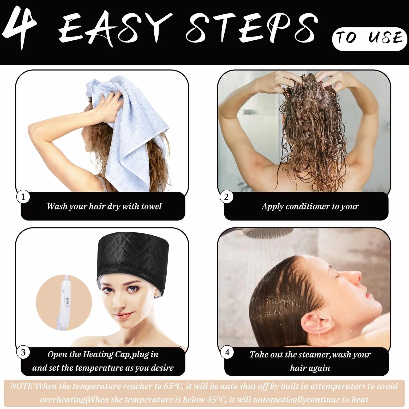 Cappello termico per trattamenti di profondità, cuffia a vapore per maschere per capelli, cuffia riscaldante con 2 modalità di temperatura per spa, salone, casa - Nero