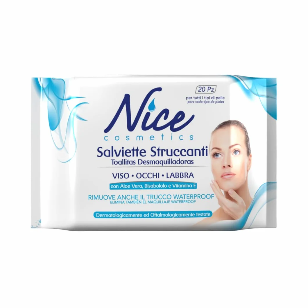 Nice Salviette Struccanti per Viso, Occhi e Labbra, con Aloe Vera, Bisabololo e Vitamina E, Dermatologicamente e Oftalmologicamente Testate, Confezione Tascabile da 20 Salviette