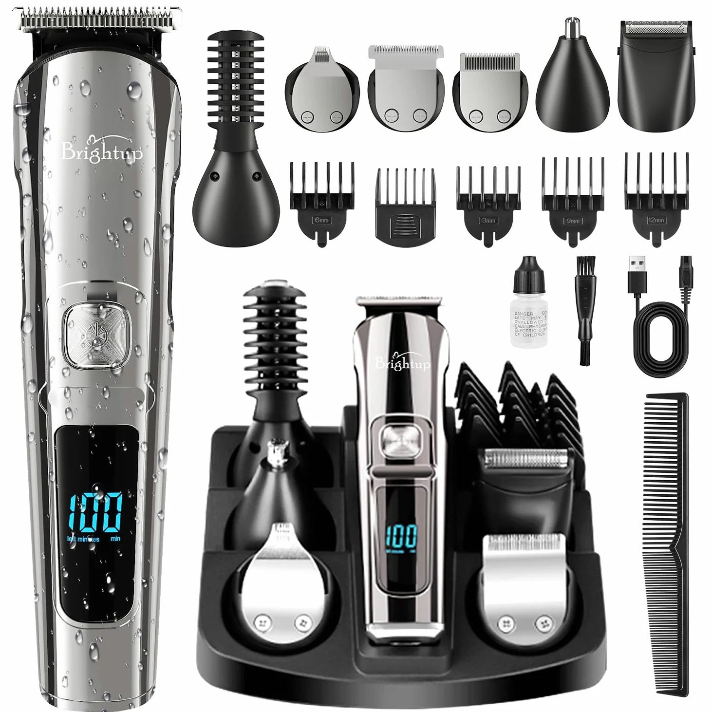 Brightup Rasoio per barba da uomo, 19 pezzi kit per la toelettatura della barba con tagliacapelli, rasoio elettrico, IPX7 impermeabile baffi, viso, naso, orecchie, palle, regalo da uomo, FK-8688T