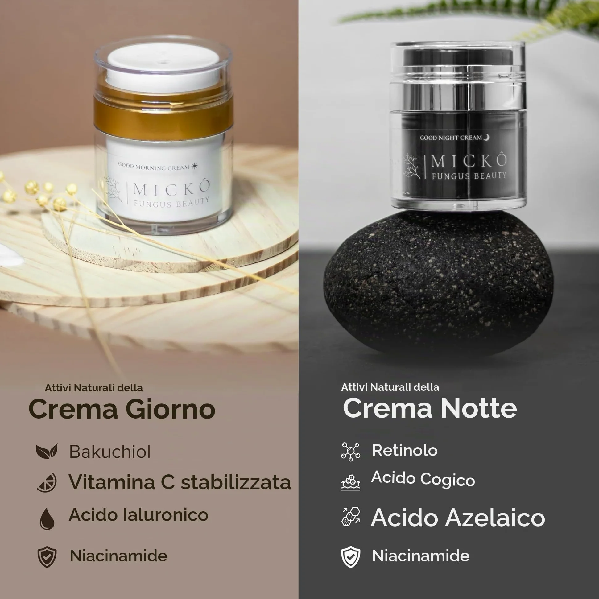 MICKÔ Set Creme Viso Donna e Uomo, Crema Giorno Idratante con Niacinamide, Bakuchiol e Vitamina C, SPF30, Crema Giorno Antirughe Coreana, Crema Notte al Retinolo per Macchie, Confezione 50ml