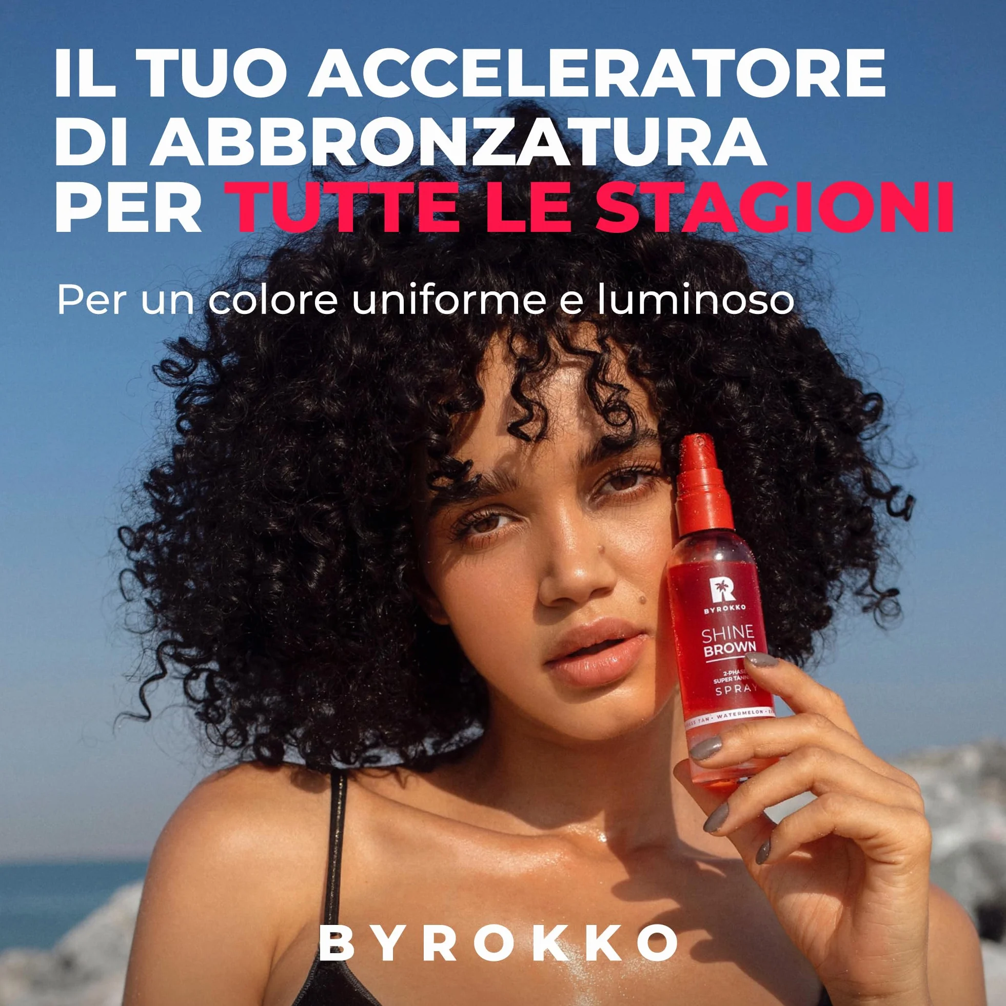 BYROKKO Shine Brown Spray Abbronzante Bifasico Anguria (100 ml), acceleratore con oli naturali e acido ialuronico, per sole e lettino, formula idratante a rapido assorbimento
