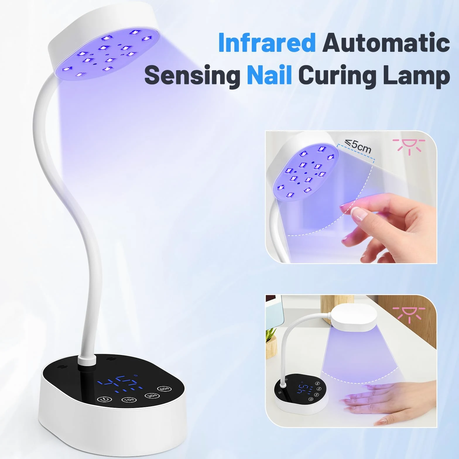 Lampada UV LED per unghie, senza fili, a collo di cigno con sensore automatico e touch screen, 4 modalità di timer, mini asciugatore per unghie in gel, ideale per salone e uso domestico