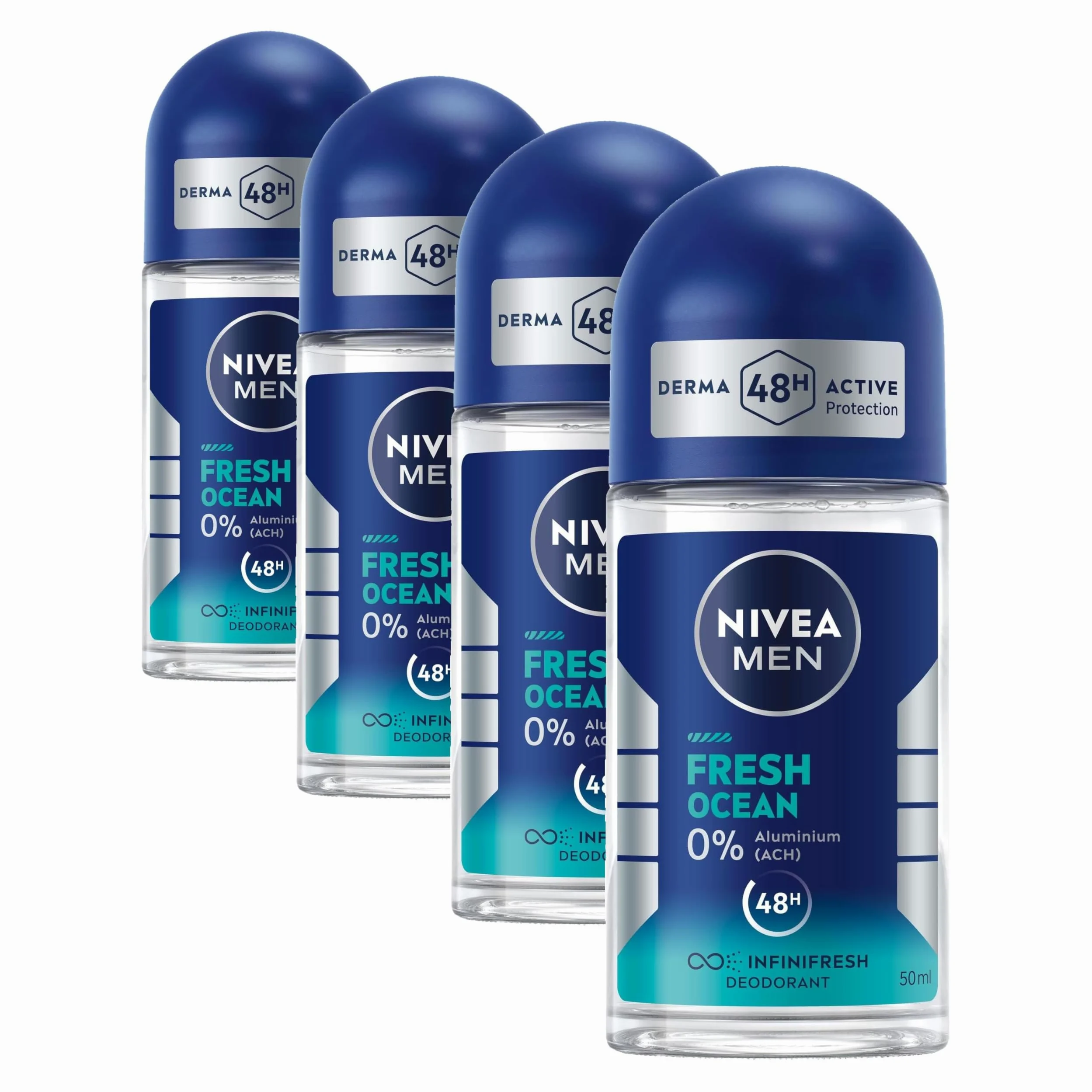 NIVEA MEN Fresh Ocean Roll-On, deodorante roll-on senza alluminio (ACH) con protezione 48h, deodorante nutriente con formula INFINIFRESH e fresco profumo di mare (50 ml)