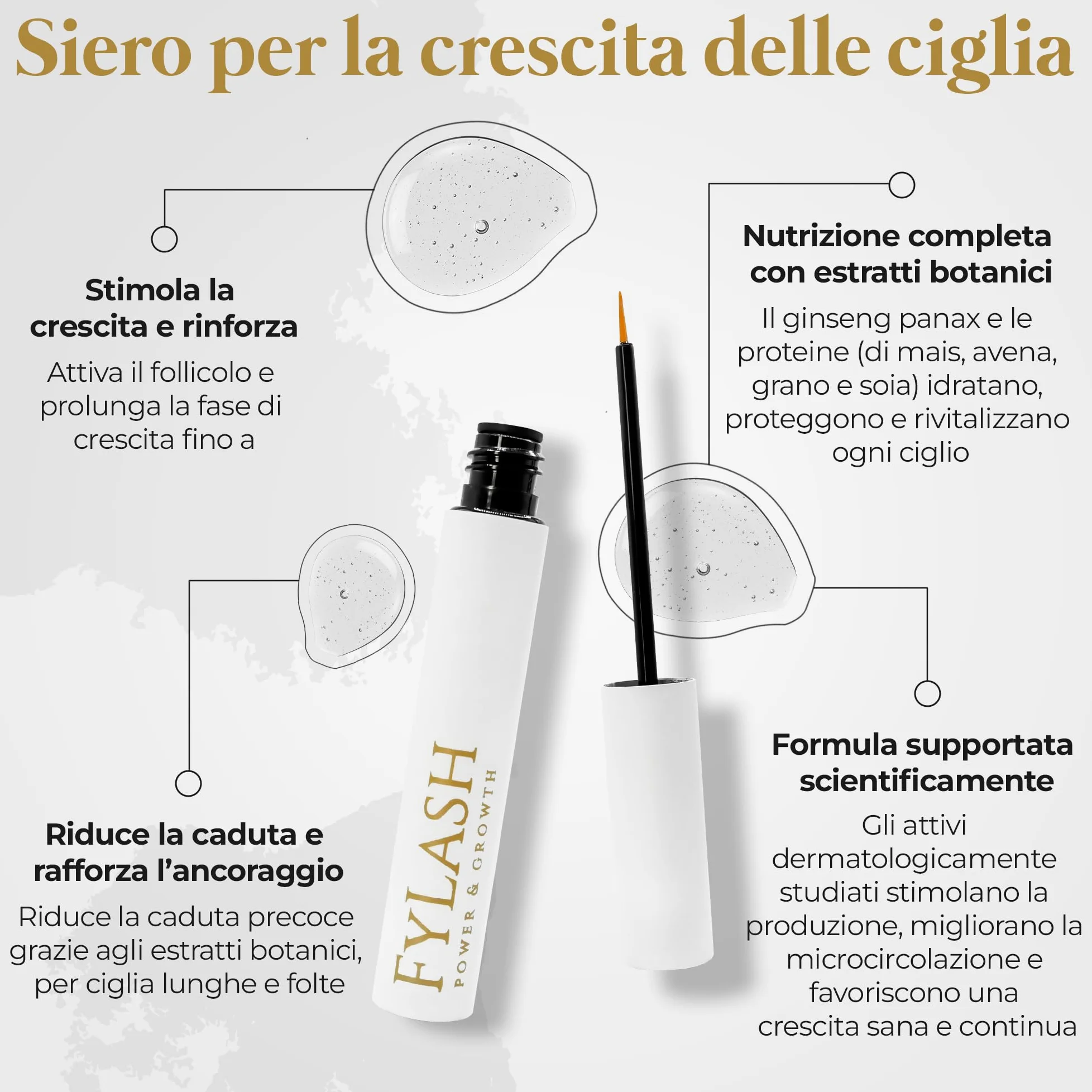 Siero Ciglia Allungante| Siero Crescita Rinforzante Naturale SENZA Ormoni| Trattamento Rinforzante 5ml per 4 Mesi | Guida e Misuratore Inclusi