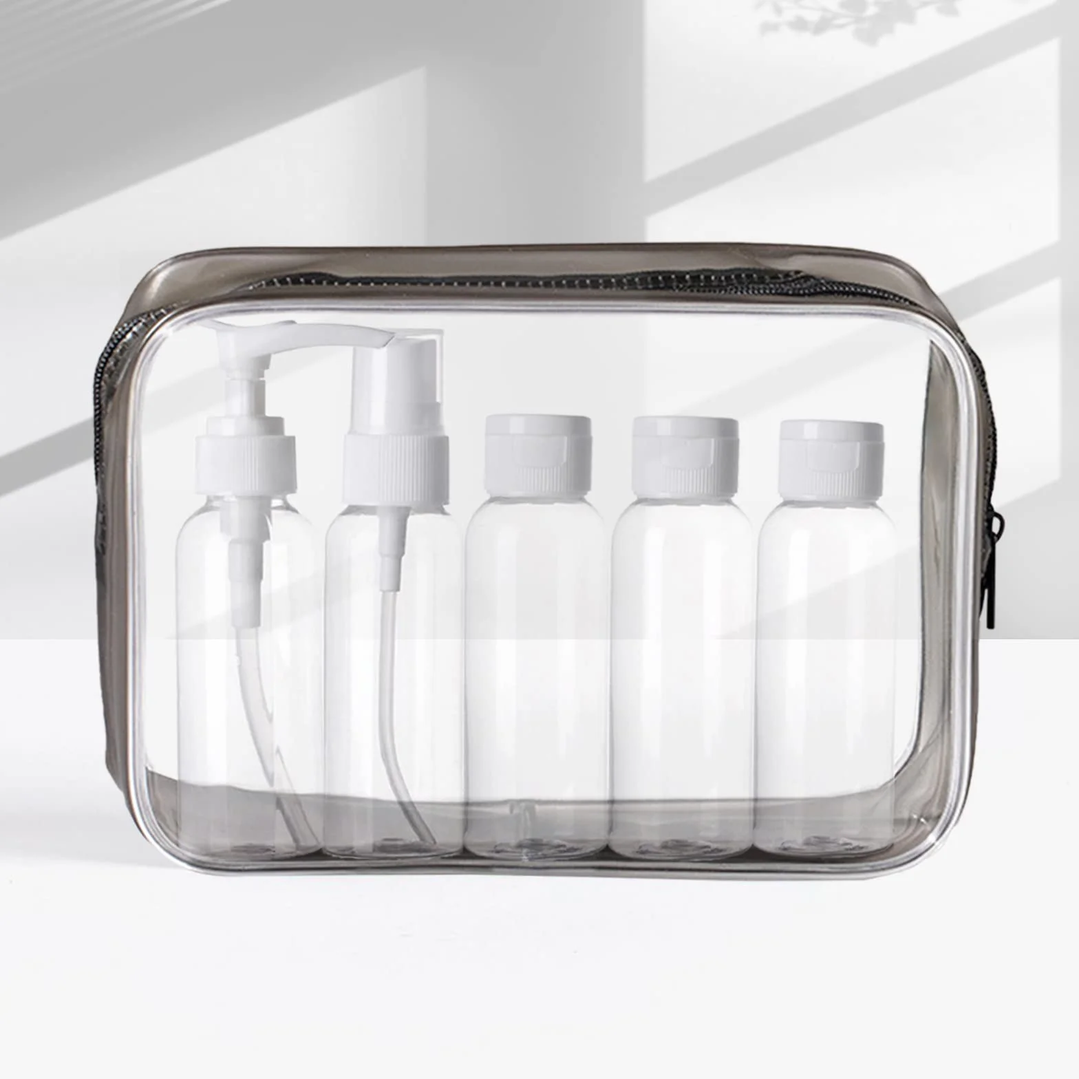 KEYRI 5 Pezzi 100ml Contenitori da Viaggio per Liquidi Bottigliette da Viaggio Set per Aereo Kit da Bottiglie da Viaggio con Trasparente Volo Borsa da Toilette Set da Viaggio per Cosmetici, FDA (Nero)