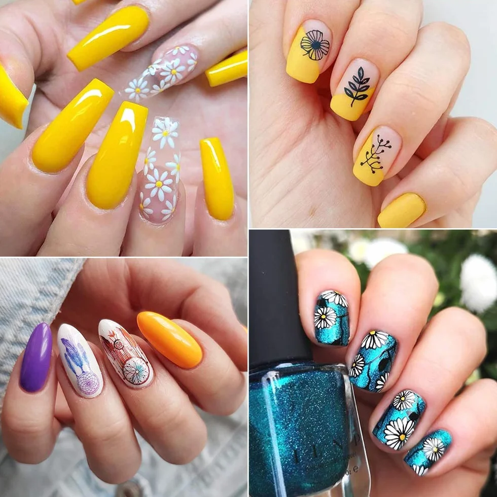 Set di 6 piastre per nail art, con 1 timbro trasparente, 1 raschietto (acchiappasogni, erba, motivi, foglie, coniglio, gatto)
