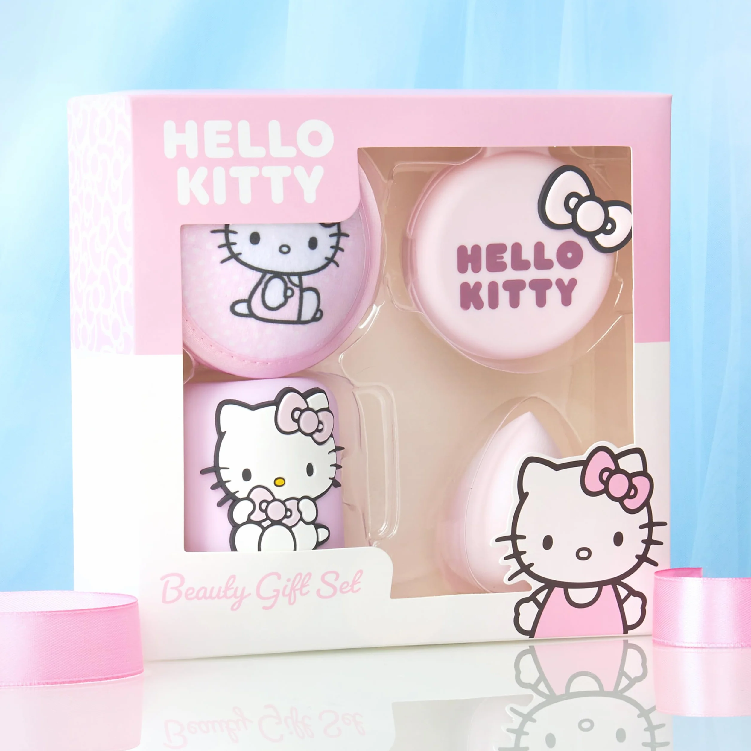 Hello Kitty Sanrio Set Beauty Ragazza, Mini Spazzola Capelli con Specchio, Spugnetta Trucco, Lavabile Dischetti Struccanti, Regali per Lei