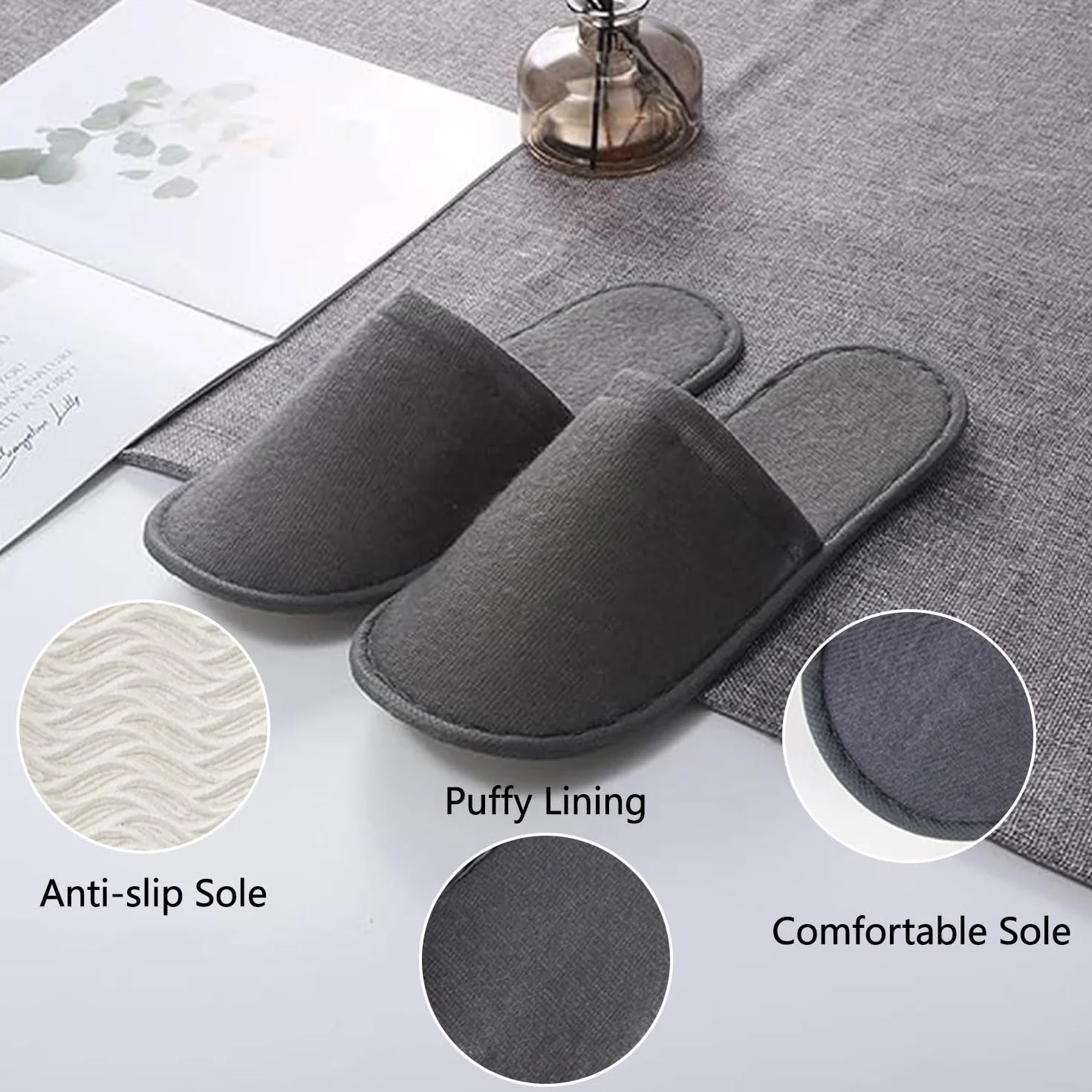 Pantofole Usa e Getta Antiscivolo, Ciabatte Ospiti, Pantofole Chiuse, Ciabatte Monouso per Hotel, Casa, Viaggi, Misura Universale, Grigio+Bianco, 4 Paia