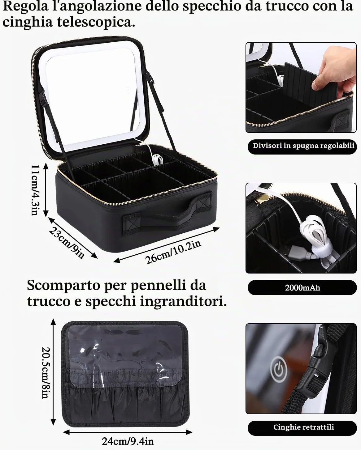 Borsa Cosmetici Con Specchio Led,Valigetta Trucco Portatile con Divisori Regolabili,Porta Trucchi Con Specchio Con 3 Modalità Illuminazione,Cosmetico Impermeabile Strumenti Trucco Accessori per Donna