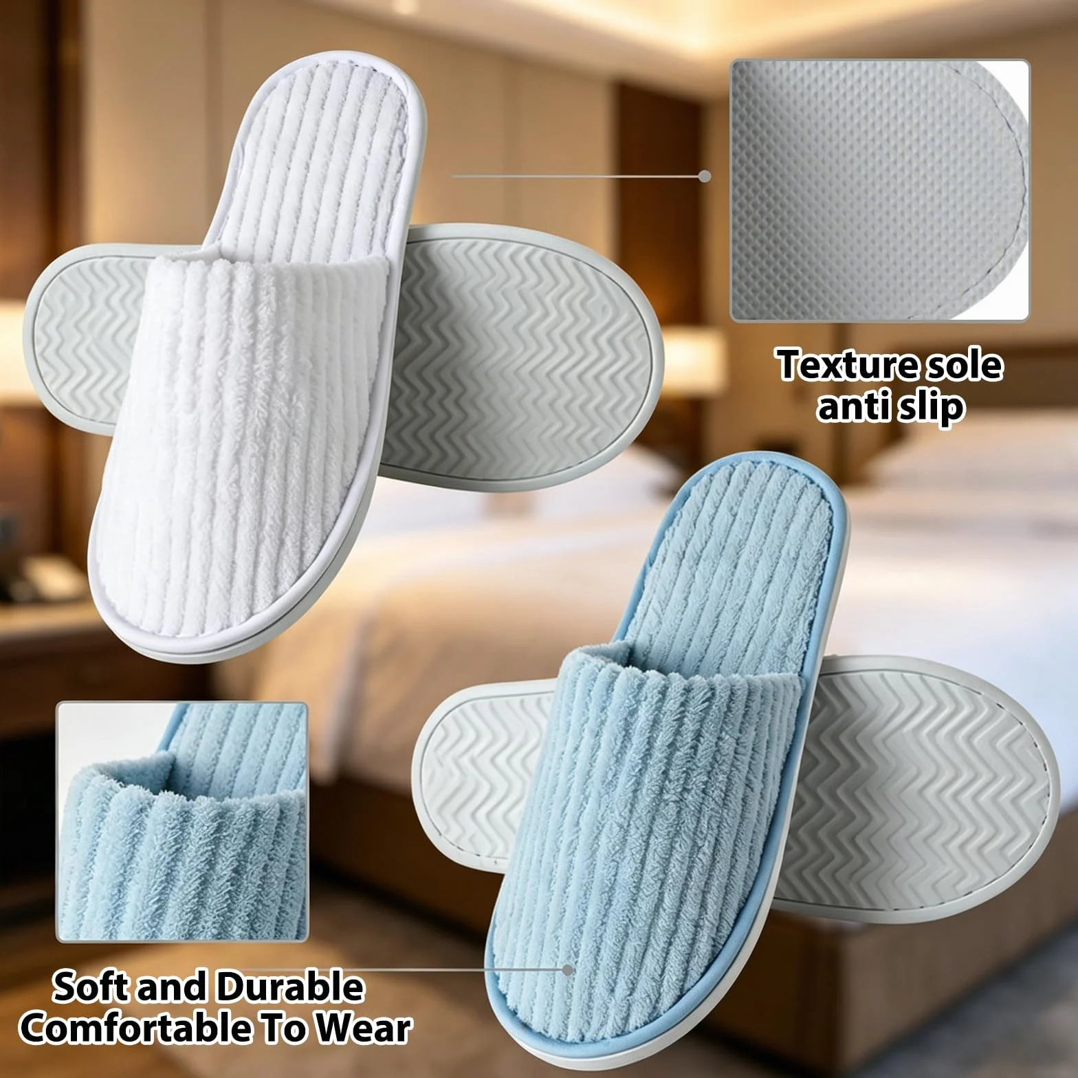 Ciabatte & Pantofole Usa e Getta 2 Coppie Unisex Salvaspazio Antiscivolo per Ospiti, Viaggio, Hotel, SPA, Casa, Bianco Crema & Azzurro.