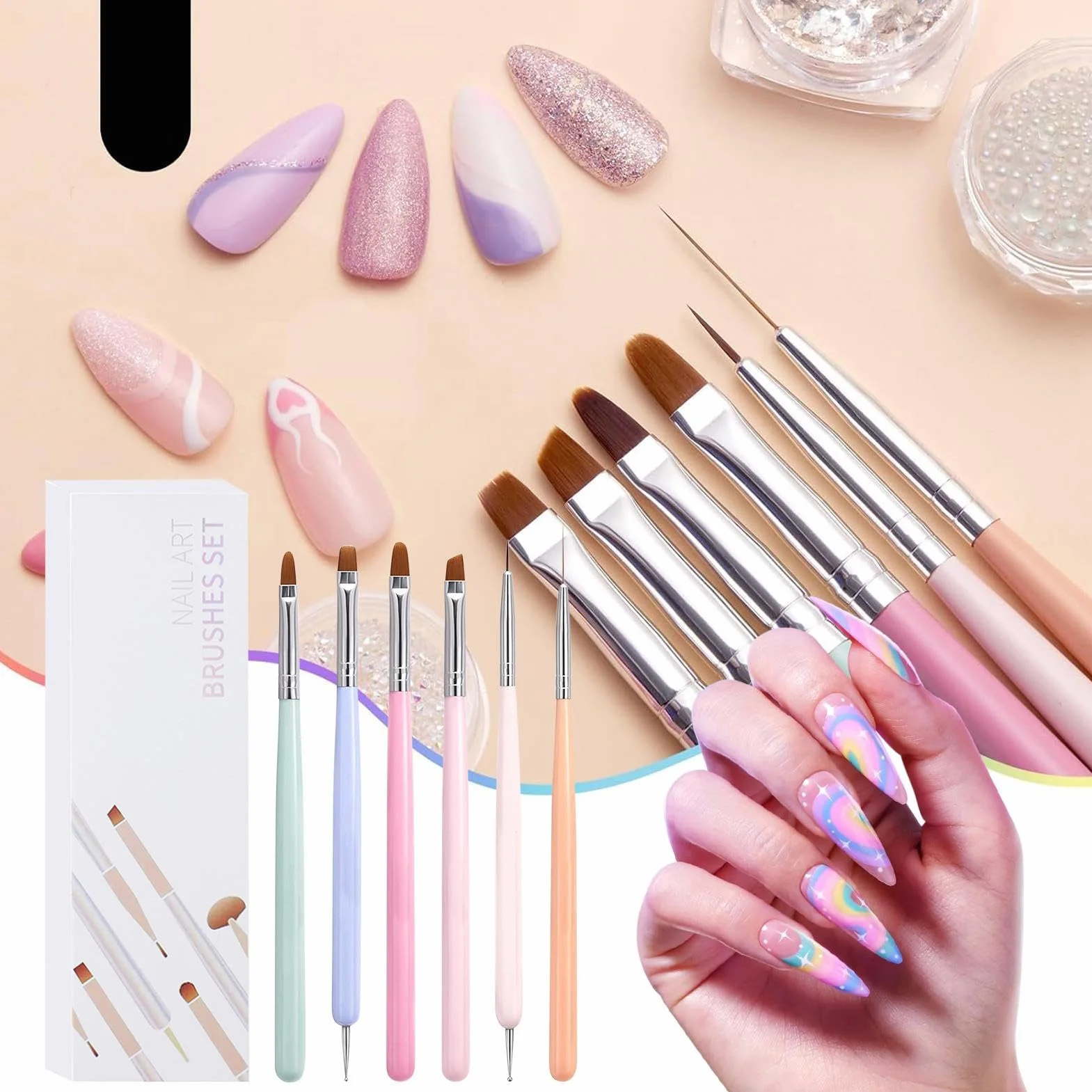Set Di Pennelli Per Nail Arts, 6 Pezzi Pennelli Unghie Gel Per Design Su Unghie, Strumenti Penne Nail Arts, Set Di Strumenti Manicure A Doppia Testa, Pennellis French Liner Unghies, Per Disegno
