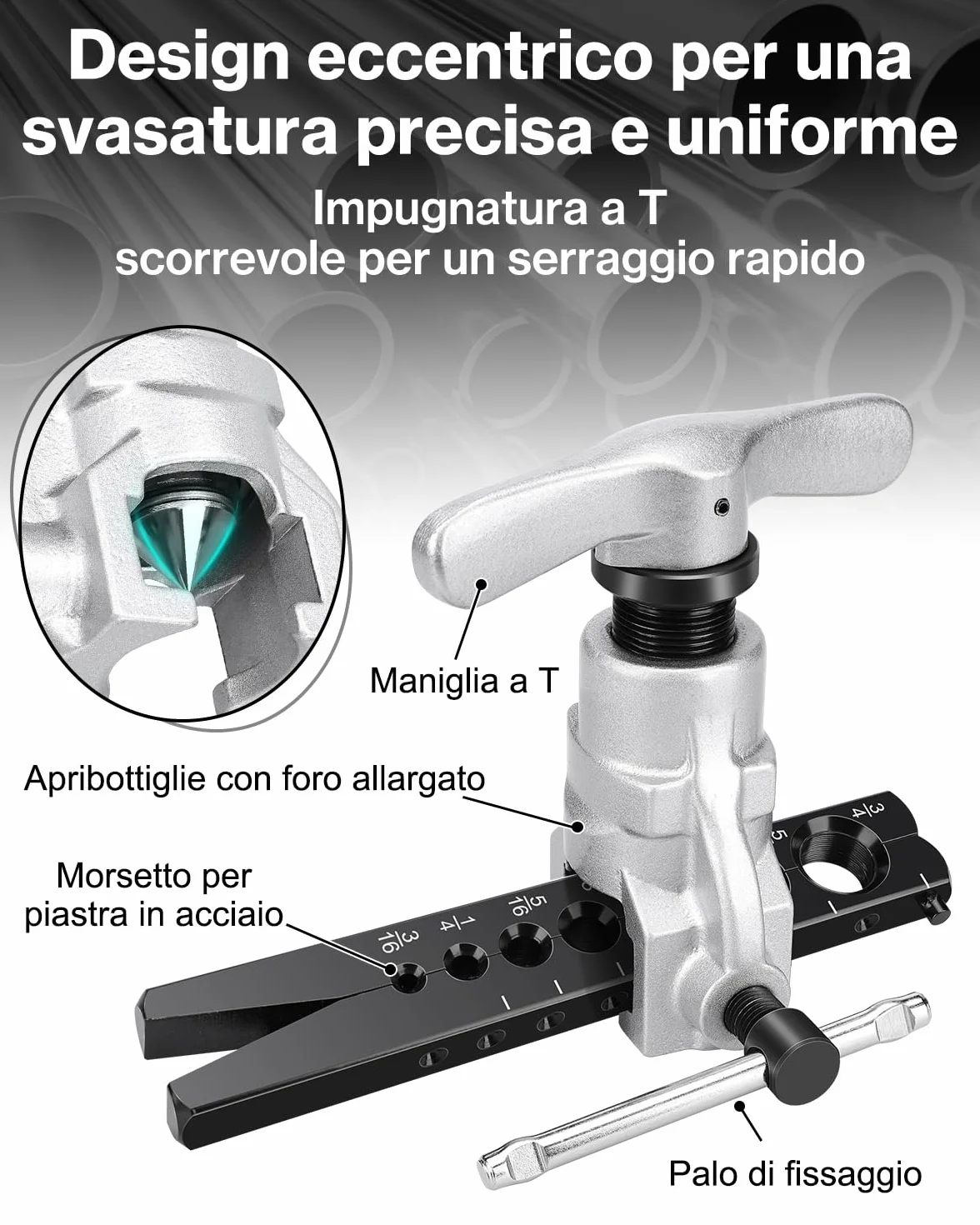 Cartellatrice per Tubi in Rame 3/16"-3/4" Svasatura 45° Acciaio 45# Manico a T Scorrevole