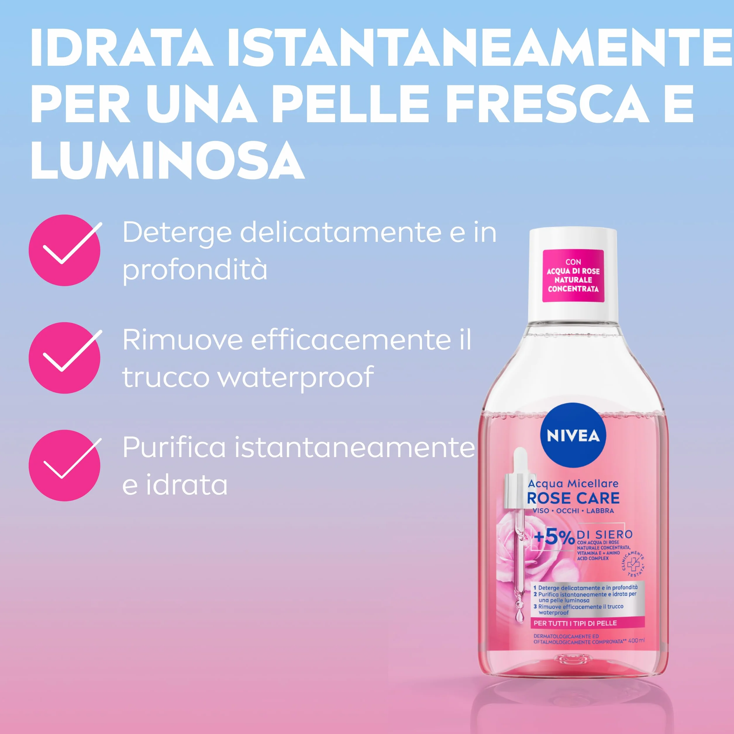 NIVEA Acqua Micellare Rose Care 400 ml Struccante Bifasico Detergente Viso Occhi Labbra