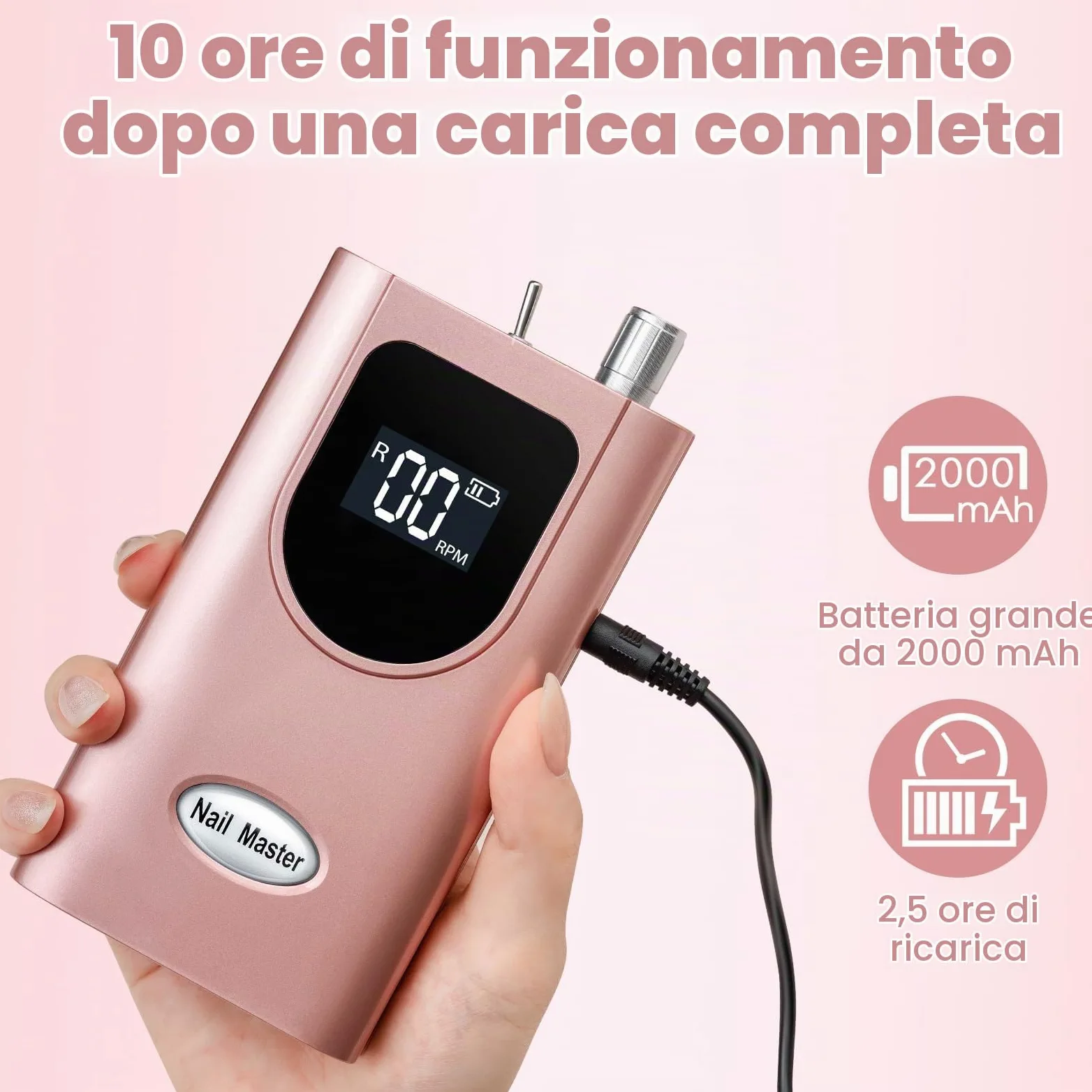 Delanie Fresa per Unghie Professionale, Portatile e Ricaricabile 35000 Giri a Display LCD per Manicure e Pedicure, Trapano Elettrico per Unghie Gel/Smalto Velocità Regolabile Rosa