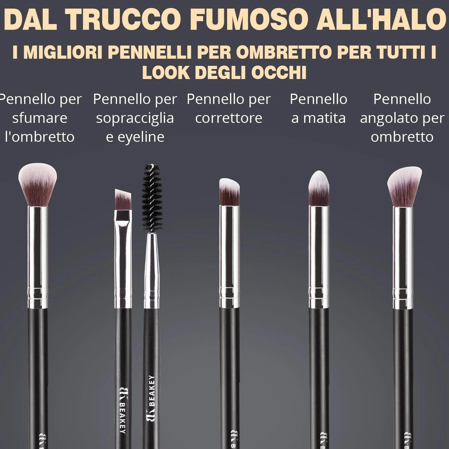 BEAKEY Set Pennelli Trucco Premium Synthetic 10+2 Pezzi Nero Argento Spugnetta Blender Beauty