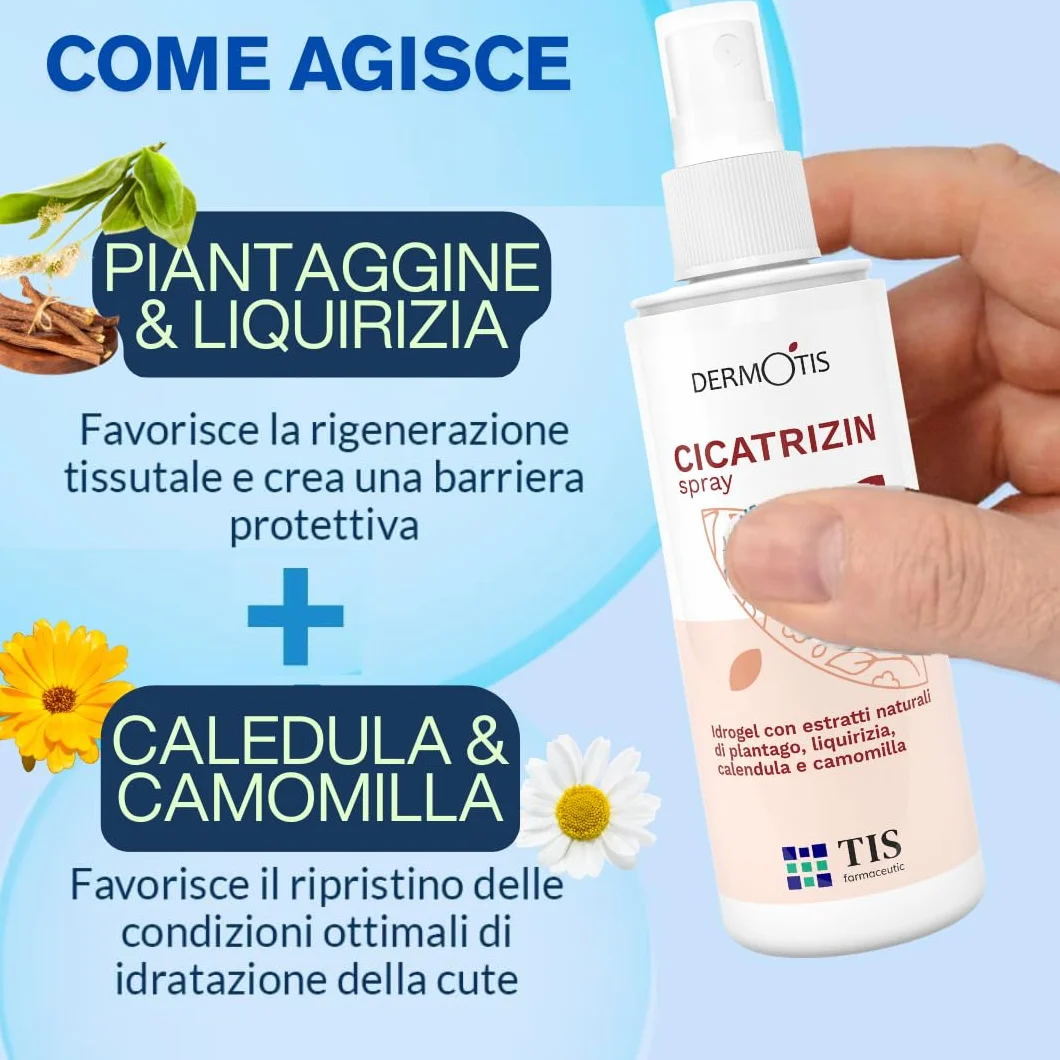 TIS Cicatrizin HidroGel - Stimola il Processo di Guarigione della Pelle, Tessuti | Scottature solari, Ferite, Geloni, Ustioni, Eczemi, Punture di Insetti | con Camomilla | Idrata e Lenisce - 100ml