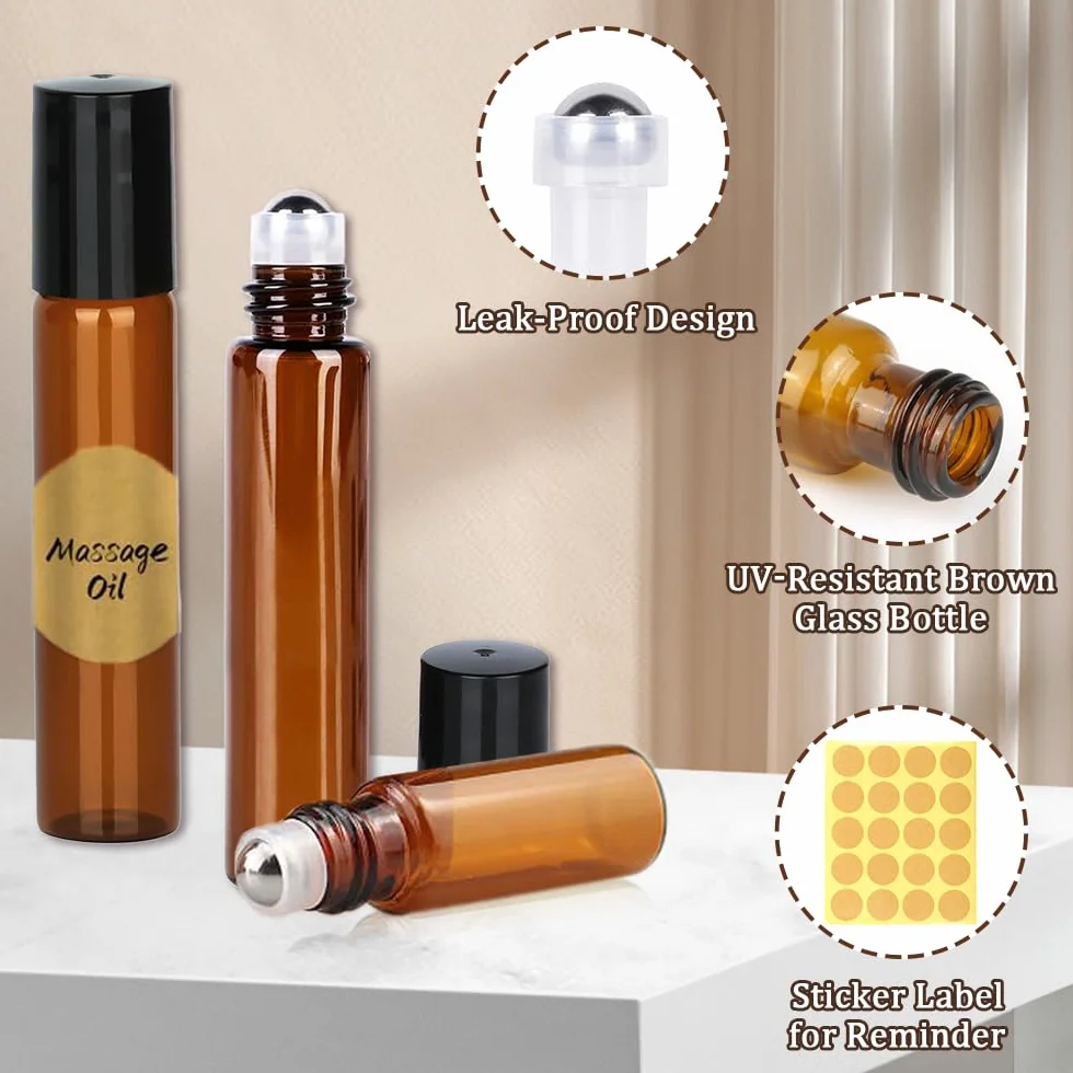 rollon oli essenziali, confezione di olio da 10 pezzi, colore marrone, bottiglia vuota da 10 ml, ricaricabili con sfera in acciaio inox, per oli, profumi, cosmetici, profumi, massaggi.