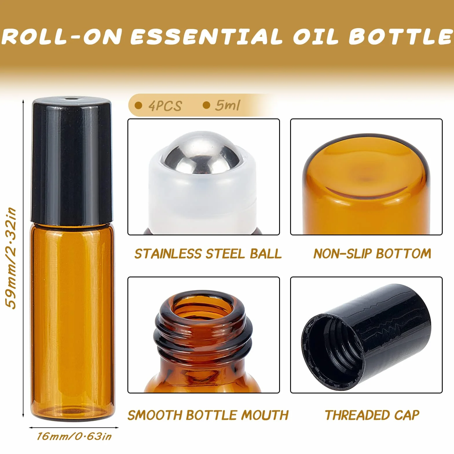 5 ml Roll On Vuoto per Oli Essenziali - 4Pcs Marrone Bottiglie Vuote in Vetro, con Sfera in Acciaio Inossidabile, Boccette Vetro per Aromaterapia, Profumi, Oli Essenziali e Cosmetici