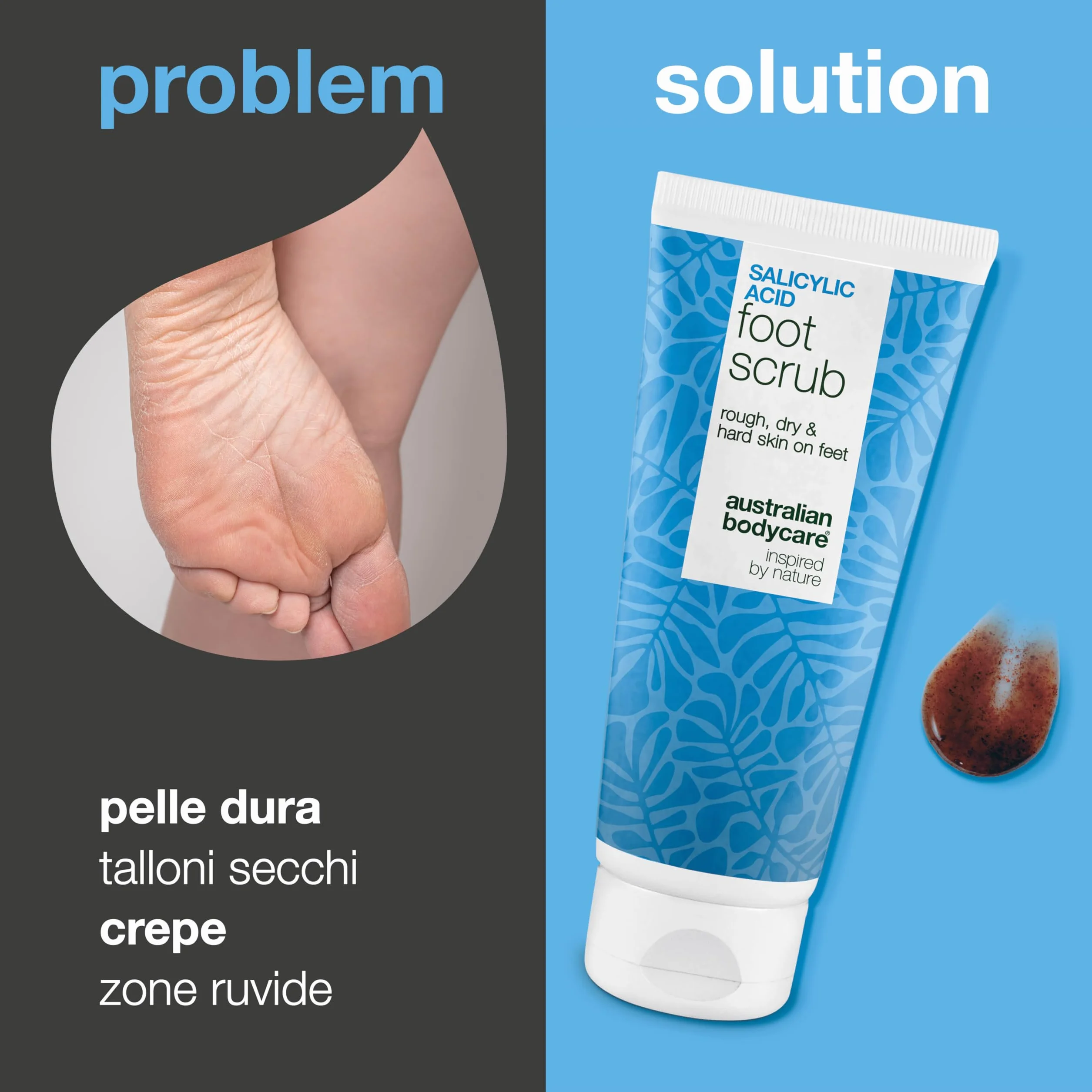 Scrub piedi esfoliante per talloni screpolati, calli, duroni e piedi secchi – peeling AHA/BHA con acido glicolico + acido salicilico e semi di albicocca, rimuove le cellule morte