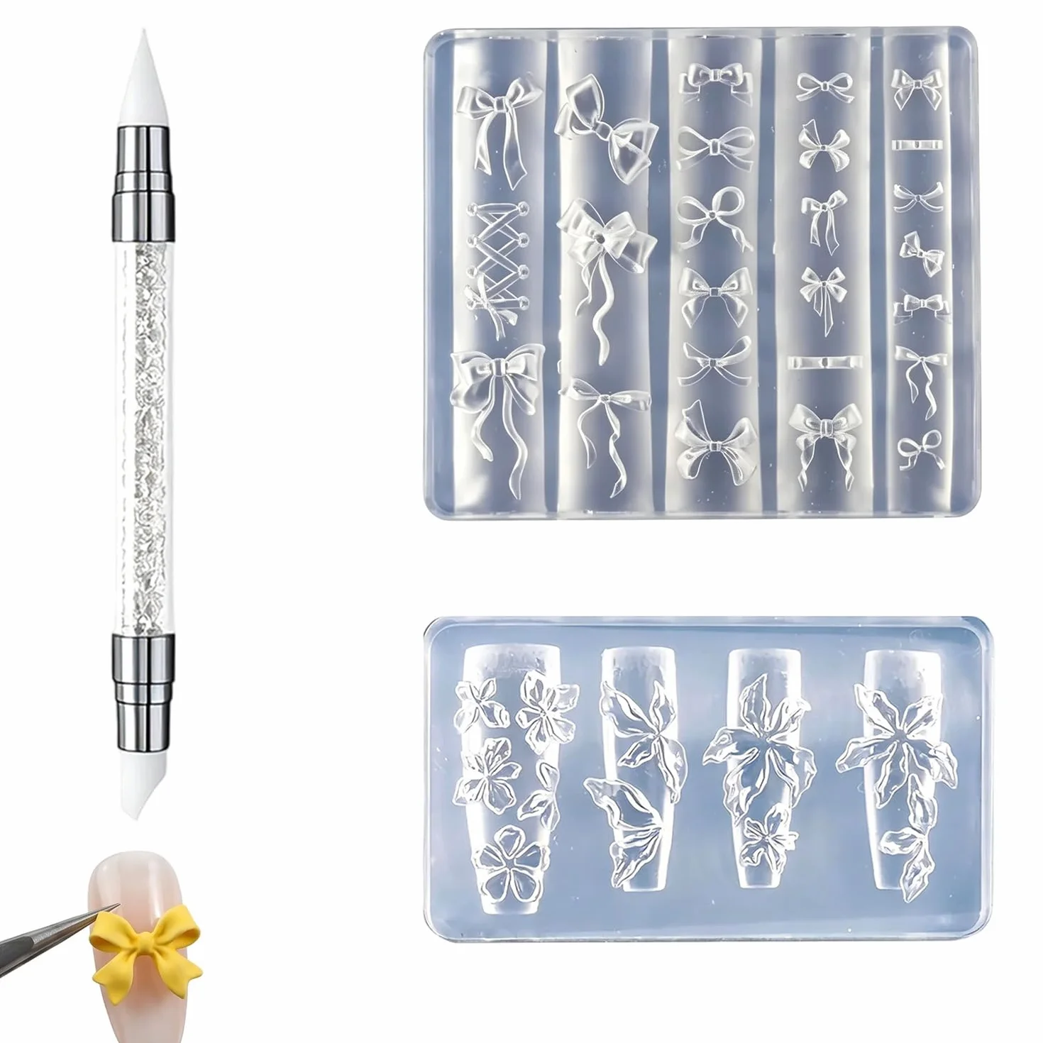 2 Pezzi Stampi per Unghie in Silicone 3D con Penna, Formine per Decorazioni Nail Art a Forma di Fiori e Fiocchi, Stampo Trasparente per Manicure Fai da Te, Accessori Professionali per Unghie