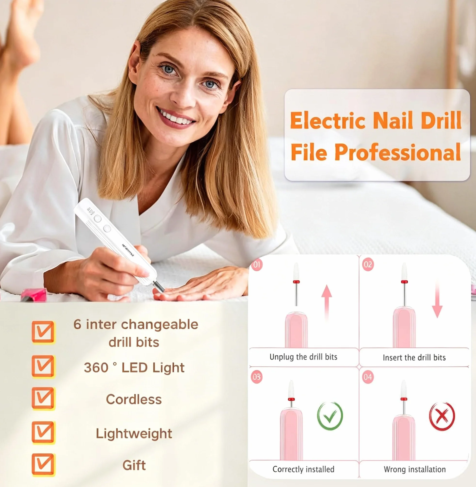 Fresa per Unghie Professionale Elettrico Manicure Pedicure Set Lima Trapano Chiodo Bianco