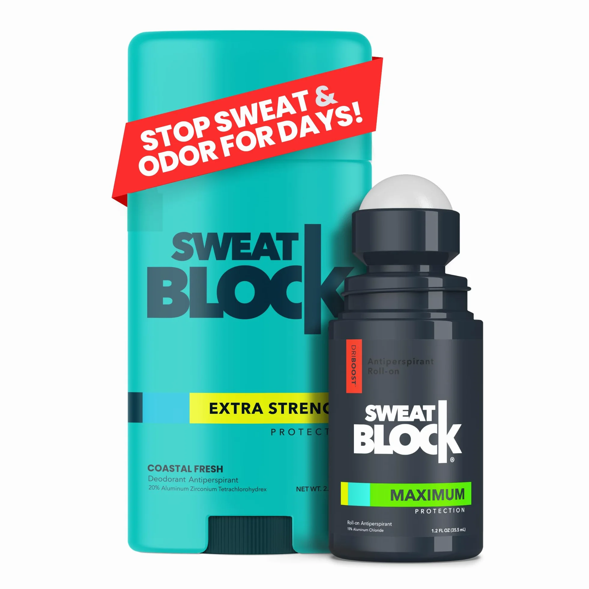 SweatBlock Antiperspirant Deodorant Max Clinical System for Men & Women - Treat Hyperhidrosis, Excessive Sweating & Underarm Odor - DRIBOOST [PM] Maximum Strength Roll-on + [AM] Clinical Deodorant