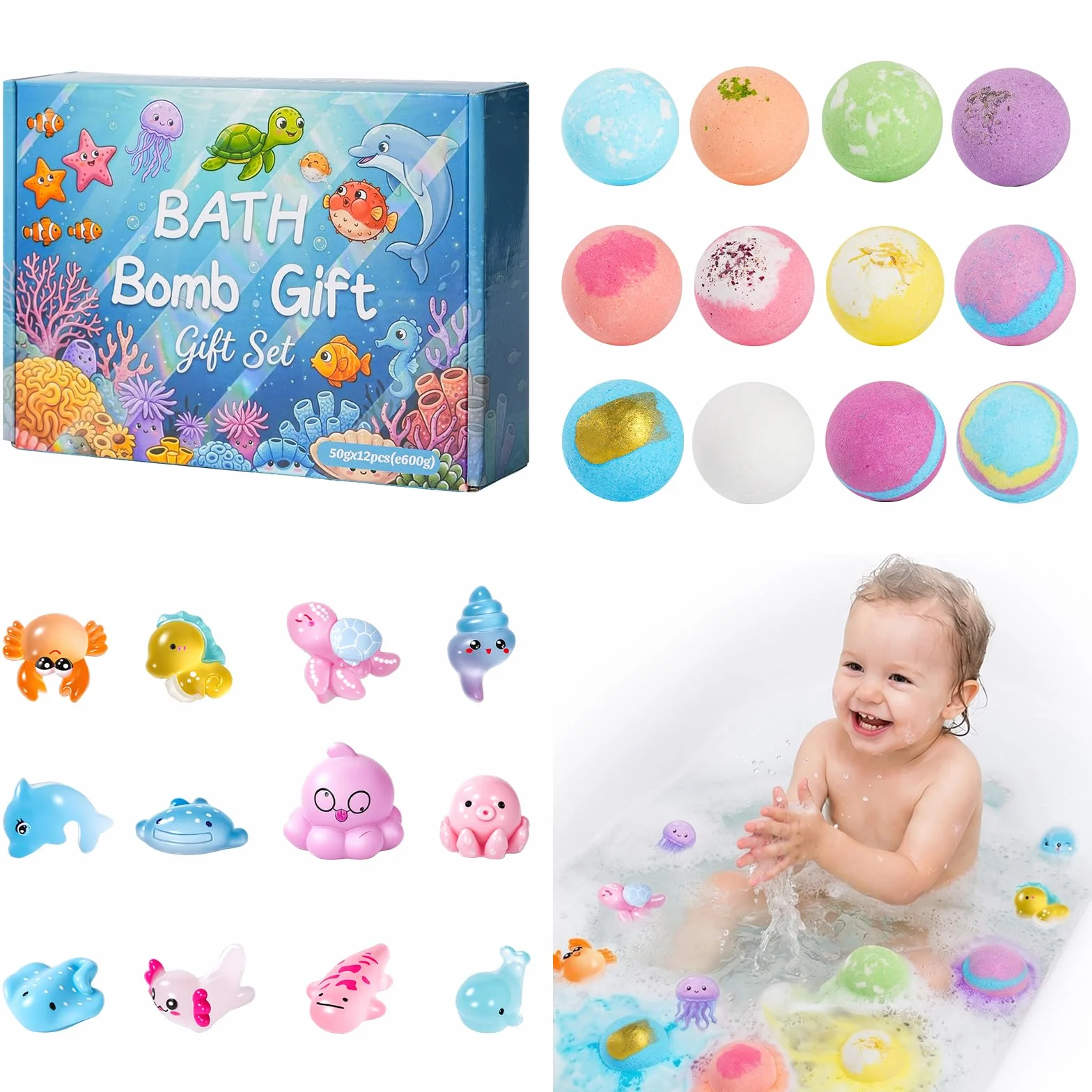 12 Pezzi Bombe Da Bagno Con Bolle, Ingredienti Delicat, sali da bagno rilassanti e schiuma,giocattoli da bagno,Include giocattoli a sorpresa per ragazze e ragazzi per Natale