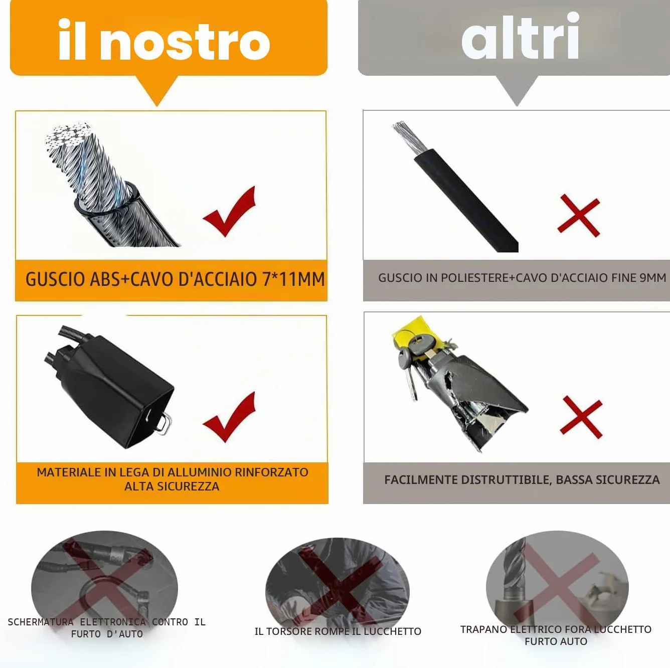 Antifurto Auto Bloccasterzo Blocco Sterzo Doppia Sicurezza Cavo Acciaio Rinforzato 3 Chiavi