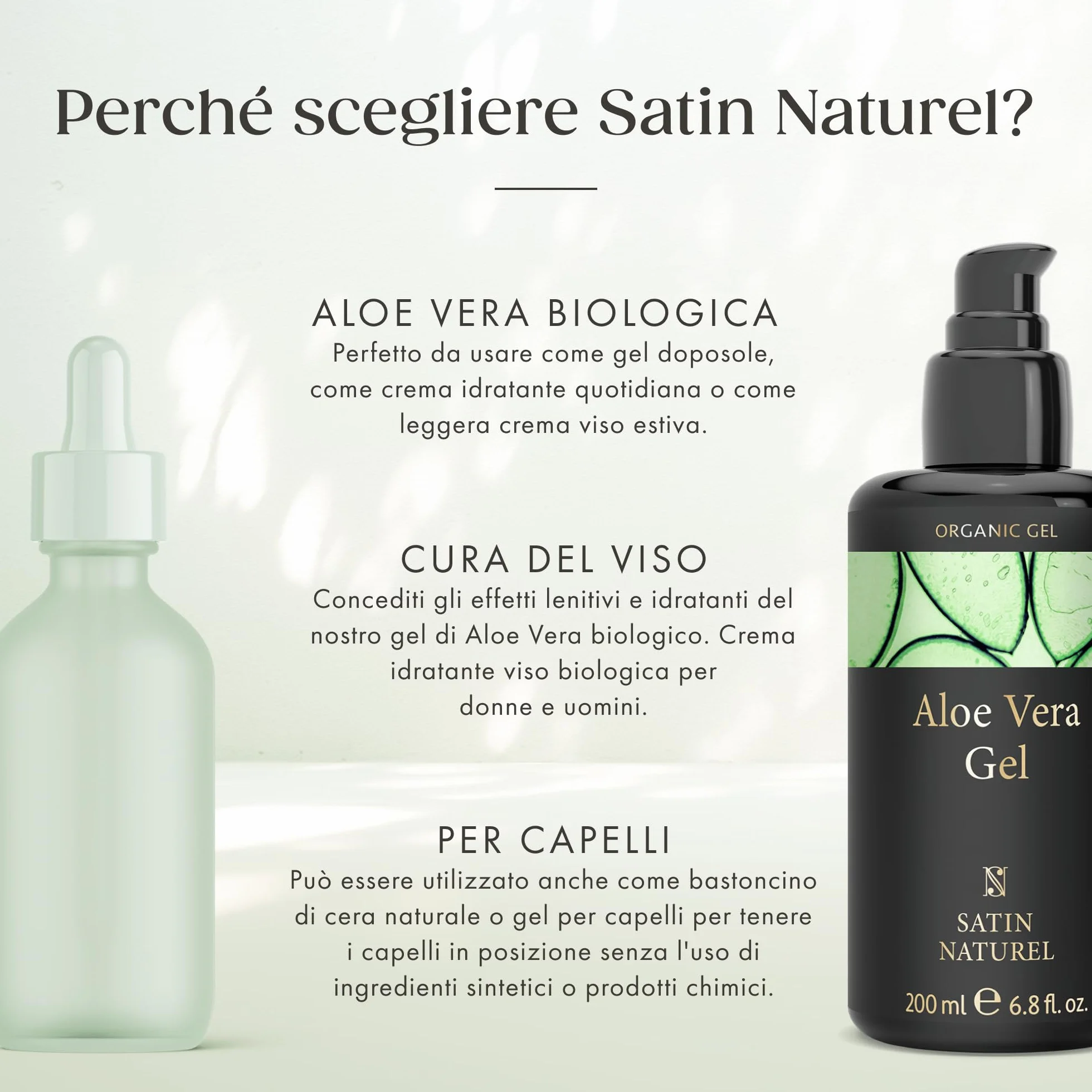 Satin Naturel Gel Aloe Vera Bio 200 ml – 100% Vegano & Cosmetica Naturale – Gel di Aloe Vera Concentrato – Con Acido Ialuronico & Pantenolo – After Sun per Viso, Corpo e Capelli