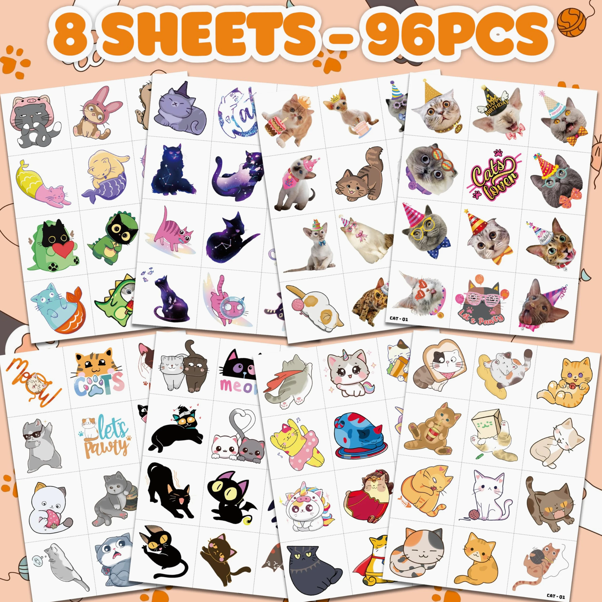 91TATTOOS 96 Tatuaggi Temporanei Presagliati Di Gatti E Animali Domestici Per Bambini Ricordi Forniture E Decorazioni Per Feste Di Compleanno A Temi Adorabili Adesivi Per Tatuaggi Falsi C
