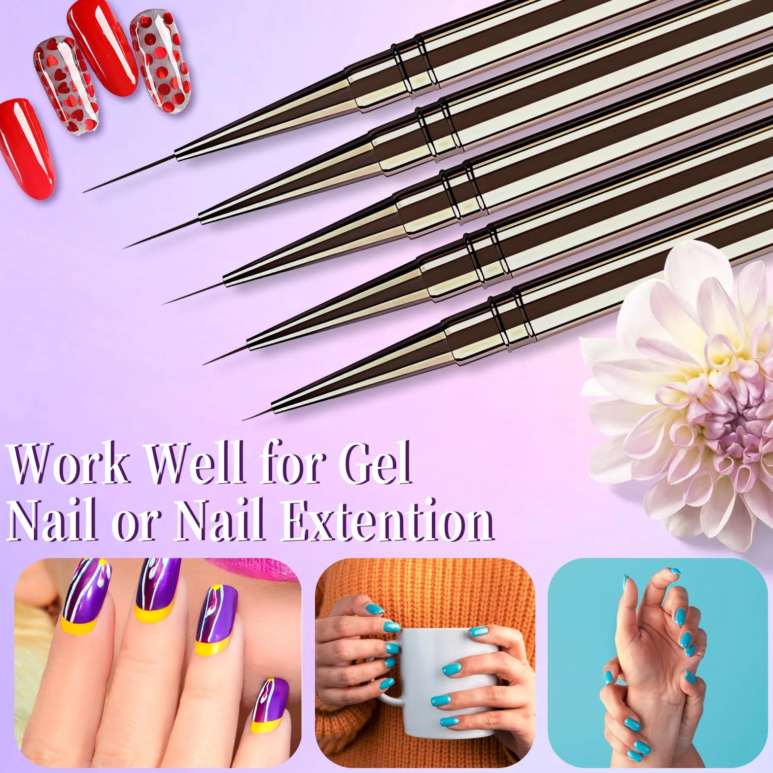 Lokaloka 6/9/12/15/18mm Pennelli Unghie Gel Sottile Nail Art Professionali con Tappo, 5 Pezzi Pennello French Penna Pennellino Set per Ricostruzione Acrigel Semipermanente