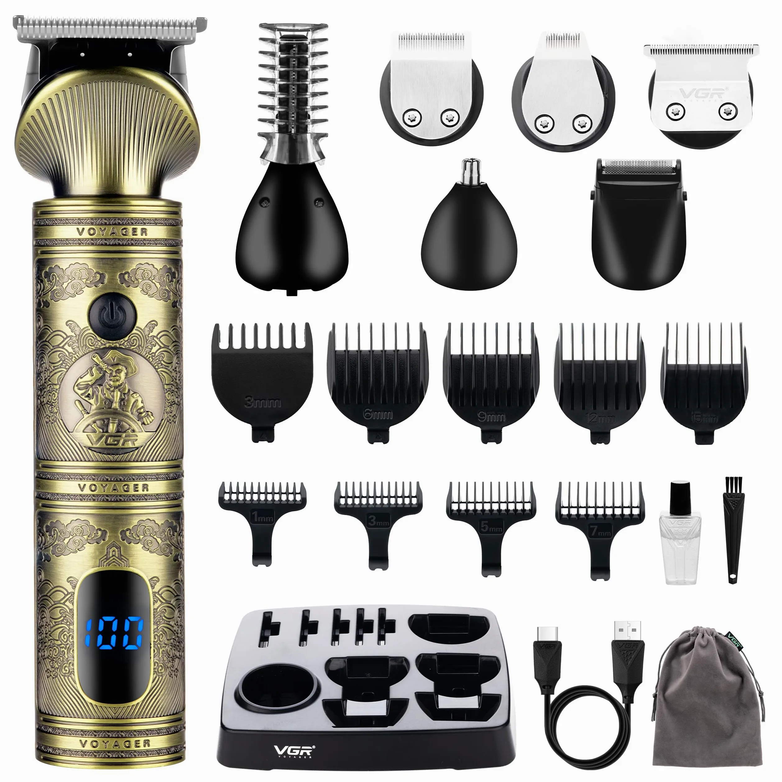 VGR Kit per barba da uomo, tagliacapelli senza fili, lama a T di precisione zero gap, rasoio elettrico ricaricabile in 180 minuti, per orecchie, naso, viso, corpo, testa 6 in 1