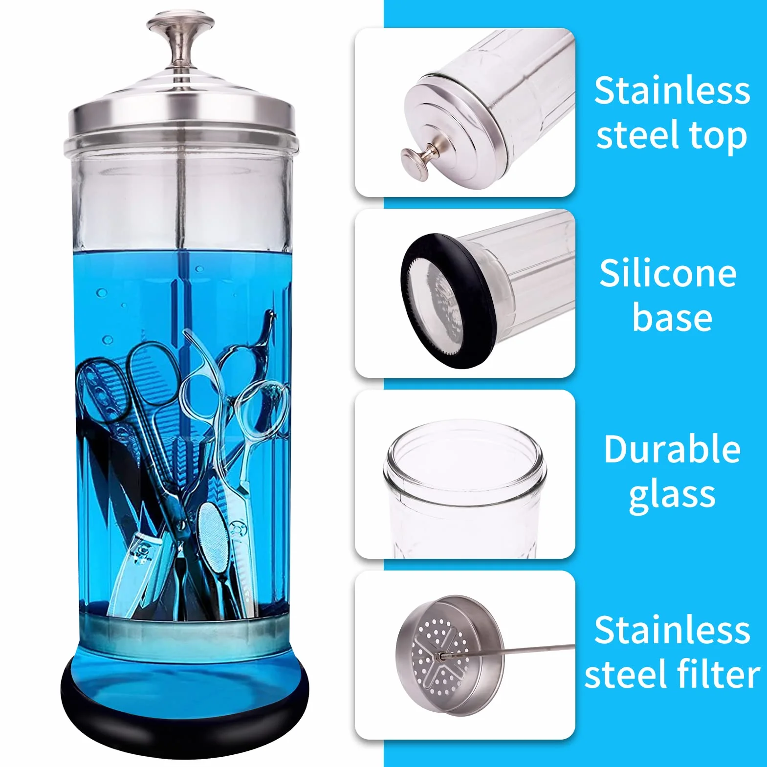 Barattolo disinfettante in vetro resistente per strumenti per unghie e strumenti da parrucchiere, 1500 ml