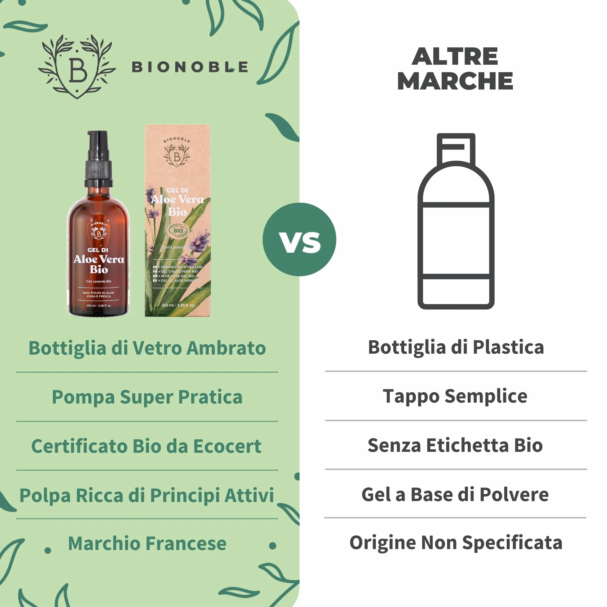 BIONOBLE Aloe Vera Gel Puro Biologico 97% con Olio Essenziale di Lavanda Idrata Lenisce 100ml Bottiglia Vetro Pompa