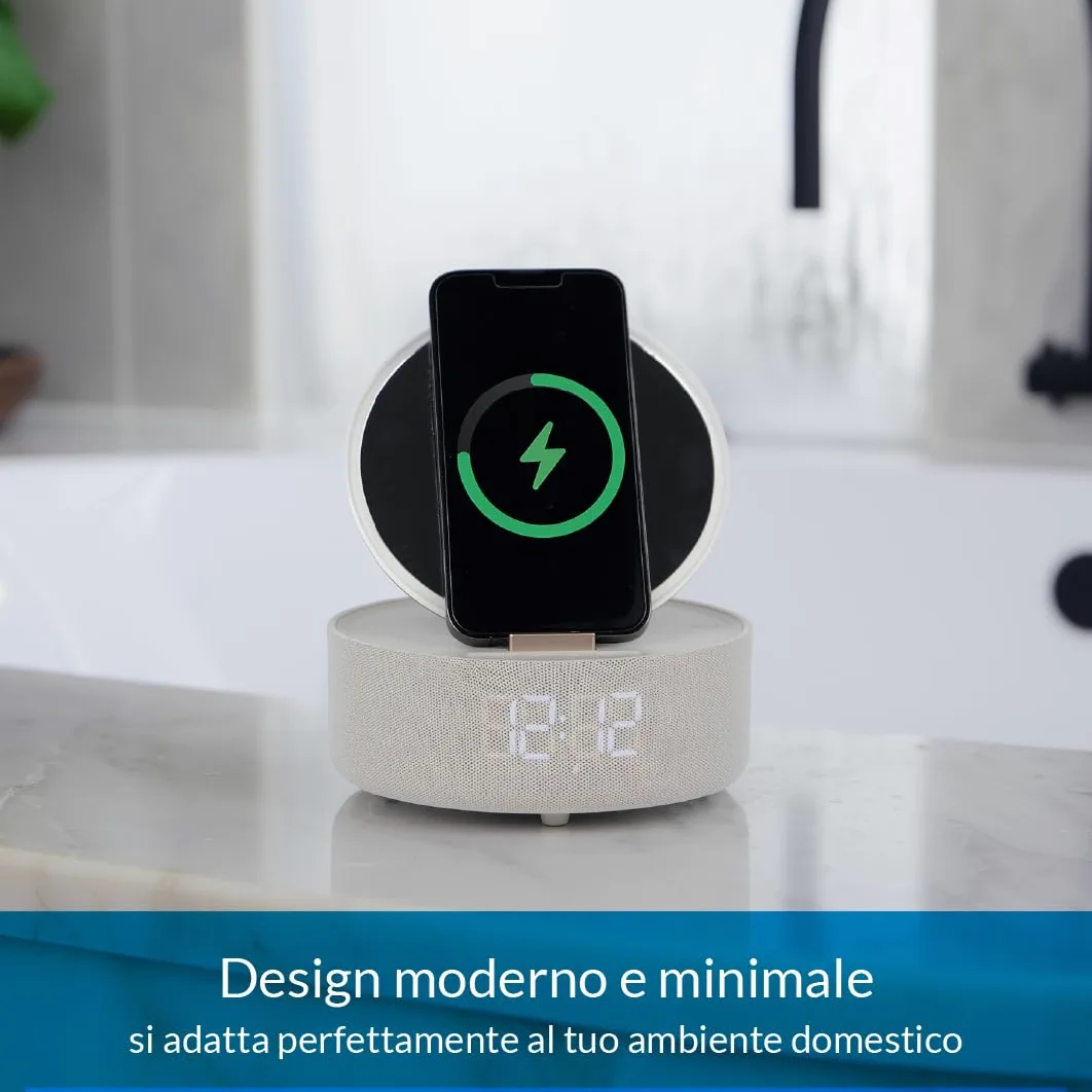 Make Up Specchio LED da Tavolo con Luce Dimmerabile, Ricarica Wireless Qi, Cassa Bluetooth e Orologio Digitale, Specchio Beauty per Trucco e Skincare (Beige)