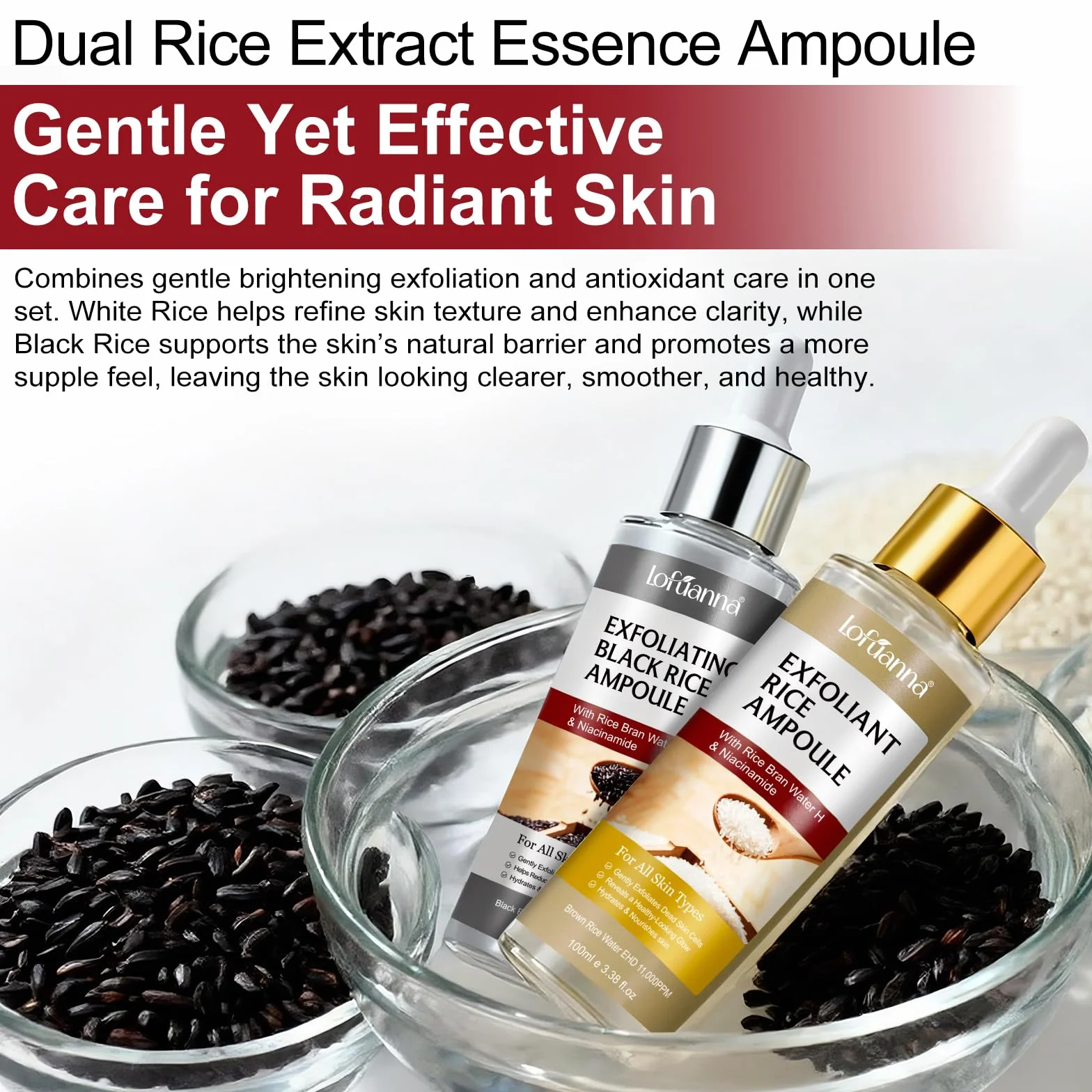 Siero Coreano Esfoliante al Riso Skincare,Peeling Viso Riso 100ml+ Riso Nero 100ml,Esfoliante Delicato con AHA BHA e Niacinamide, Rimuove Cellule Morte,Riduce Pori e Punti Neri,Pelle Liscia e Luminosa