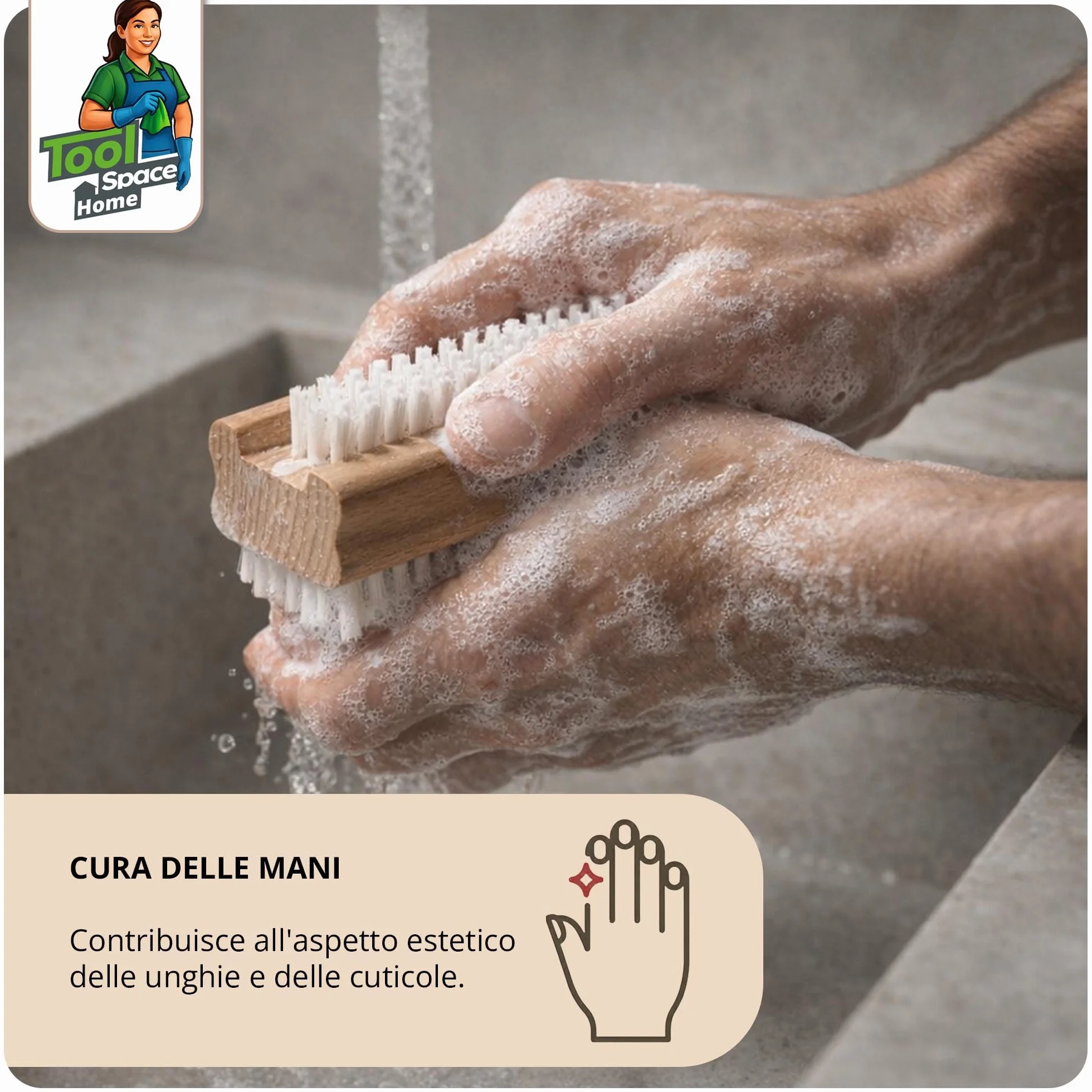 ToolSpace Spazzola per la Mano in Legno Faggio Spazzolina per Pulizia Unghie Mani e Piedi Setole Naturale Manicure Pedicure