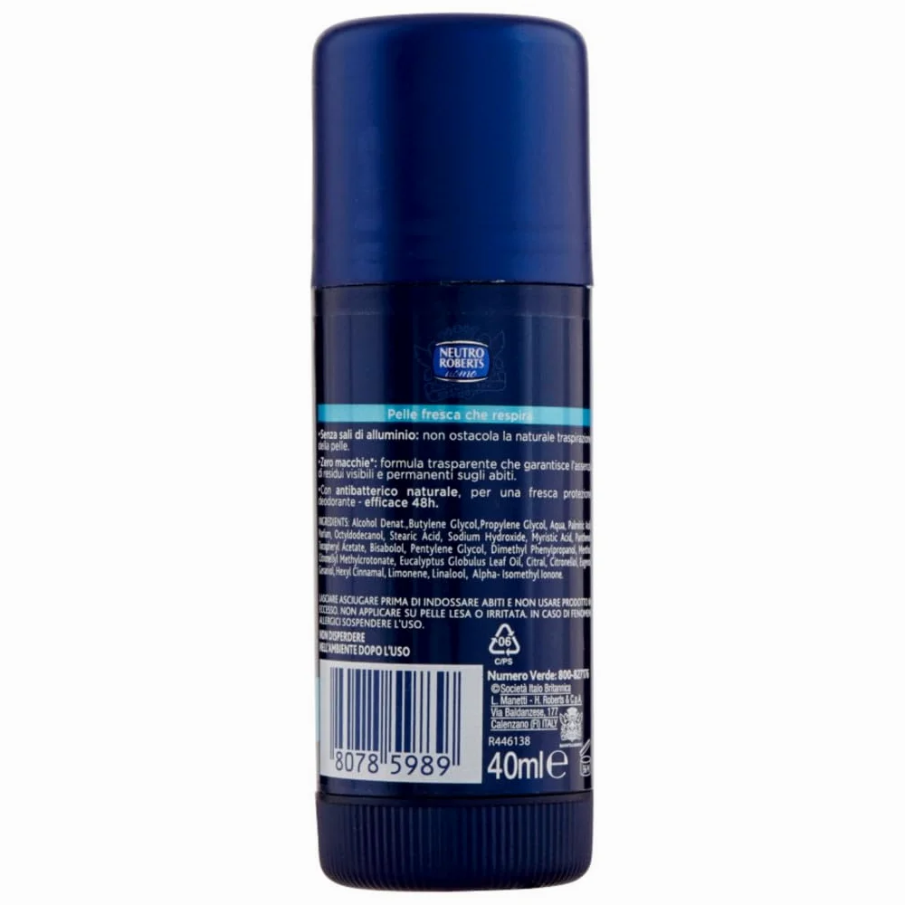 Neutro Roberts Deodorante Stick Uomo Fresco Essenza Marina - Deodorante Stick per uomini, 0% sali di alluminio, 40 ml + portachiavi Beni Culinari