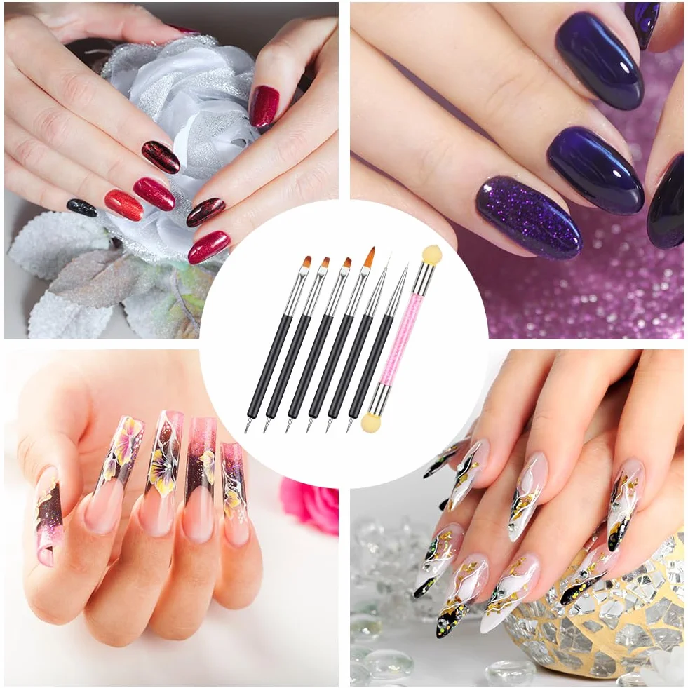Pennelli Nail Art Set di Pennelli, 6 Pezzi Pennelli e Spugna di Pennellino, per Unghie in Gel per Disegnare DipingereLlinee e Fiori per Nail Art per Il Design Delle Unghie