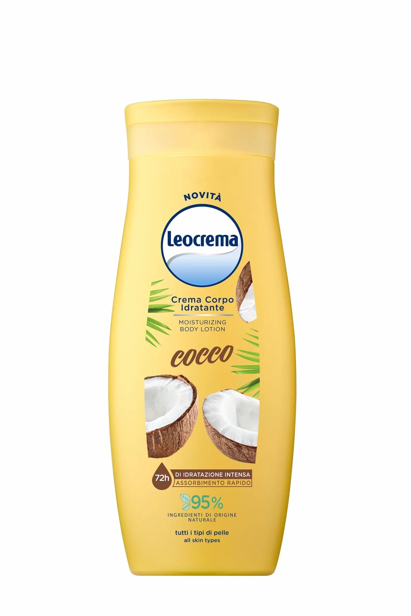 Leocrema, Crema Corpo Idratante al Cocco, Texture Leggera e Fluida per Tutti i Tipi di Pelle, 72H di Idratazione, 95% Ingredienti di Origine Naturale, 250ml