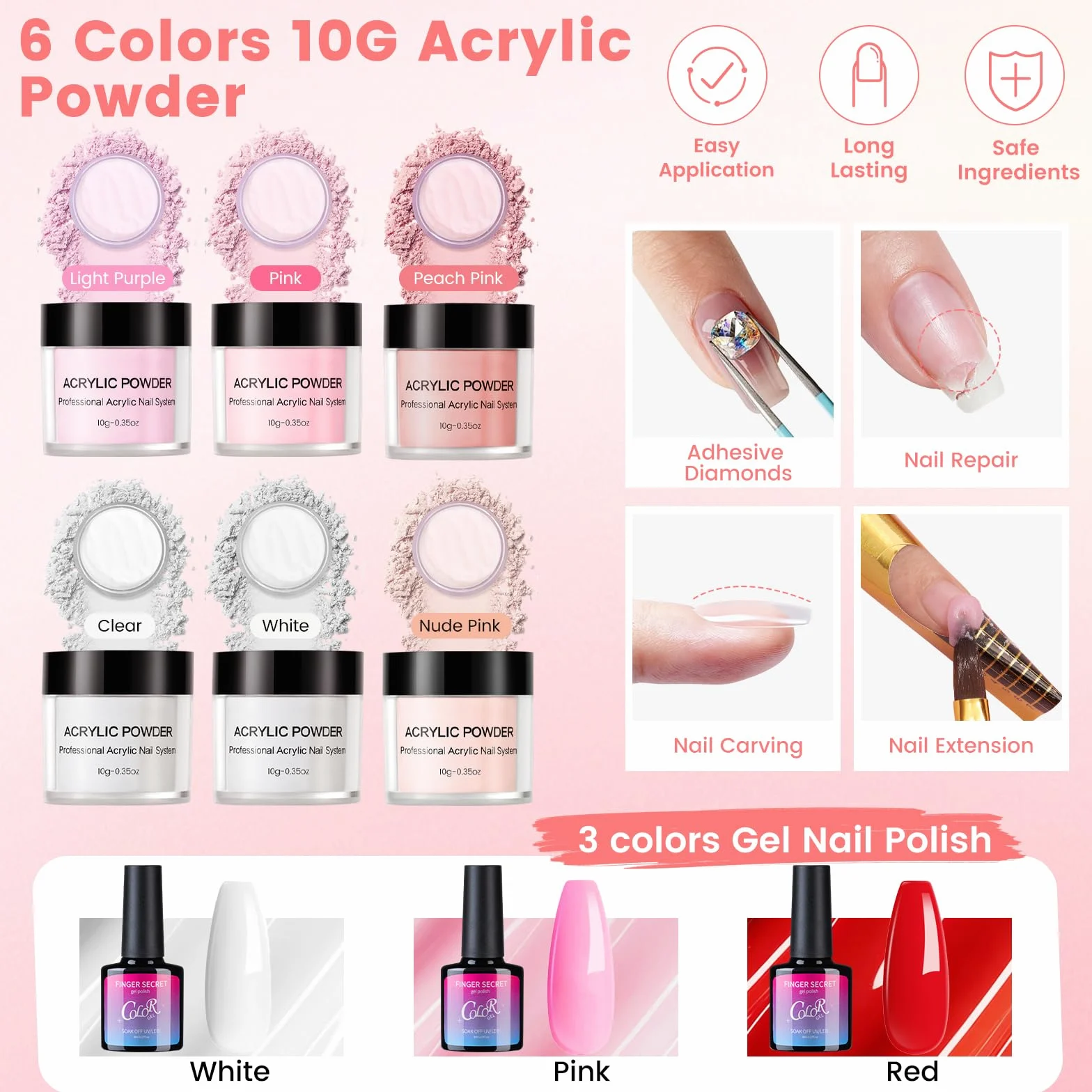 Deciniee Kit per unghie in acrilico: set in polvere acrilica con lampada UV, trapano elettrico per unghie, punte finte, 6 colori polvere + gel monomero, set per nail art in confezione regalo viola, da