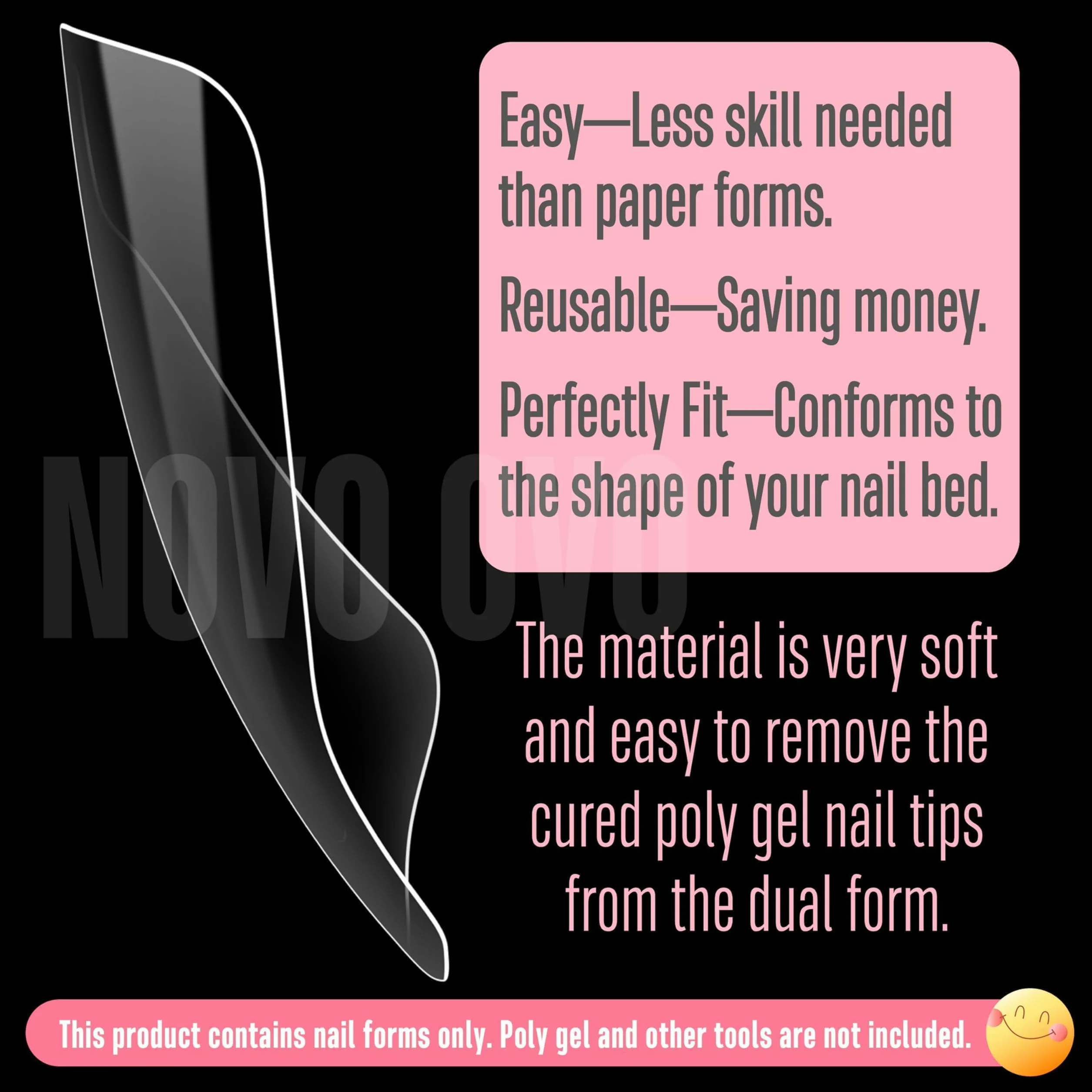 NOVO OVO Forme doppie per unghie in gel di polietilene, riutilizzabili, per unghie dei piedi in acrilico, per pedicure, salone e fai da te a casa, 300 pezzi, 15 misure