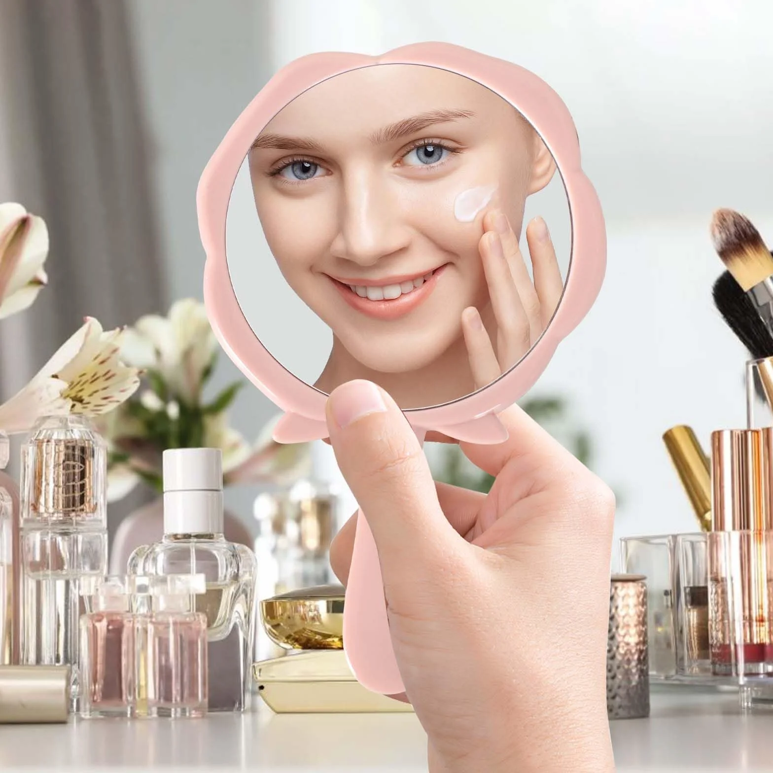 Specchio Portatile a Forma di Rosa, Specchio da Tavolo con Manico, Specchio da Viaggio per Casa e Viaggi, Rosa