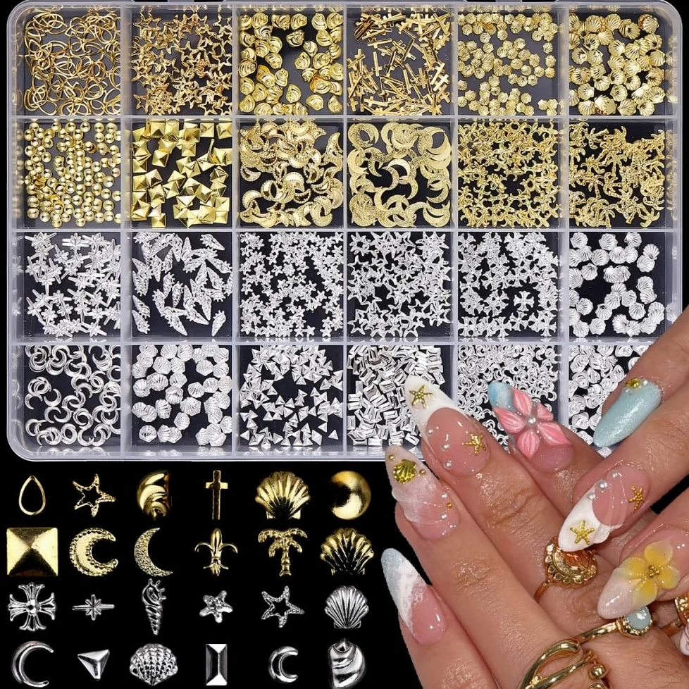 1 scatola oro argento ciondoli per unghie 3D in lega fiore gemme per unghie in metallo luna stella gioielli per unghie multi-forme oceano spiaggia stella marina conchiglia forniture per nail art con