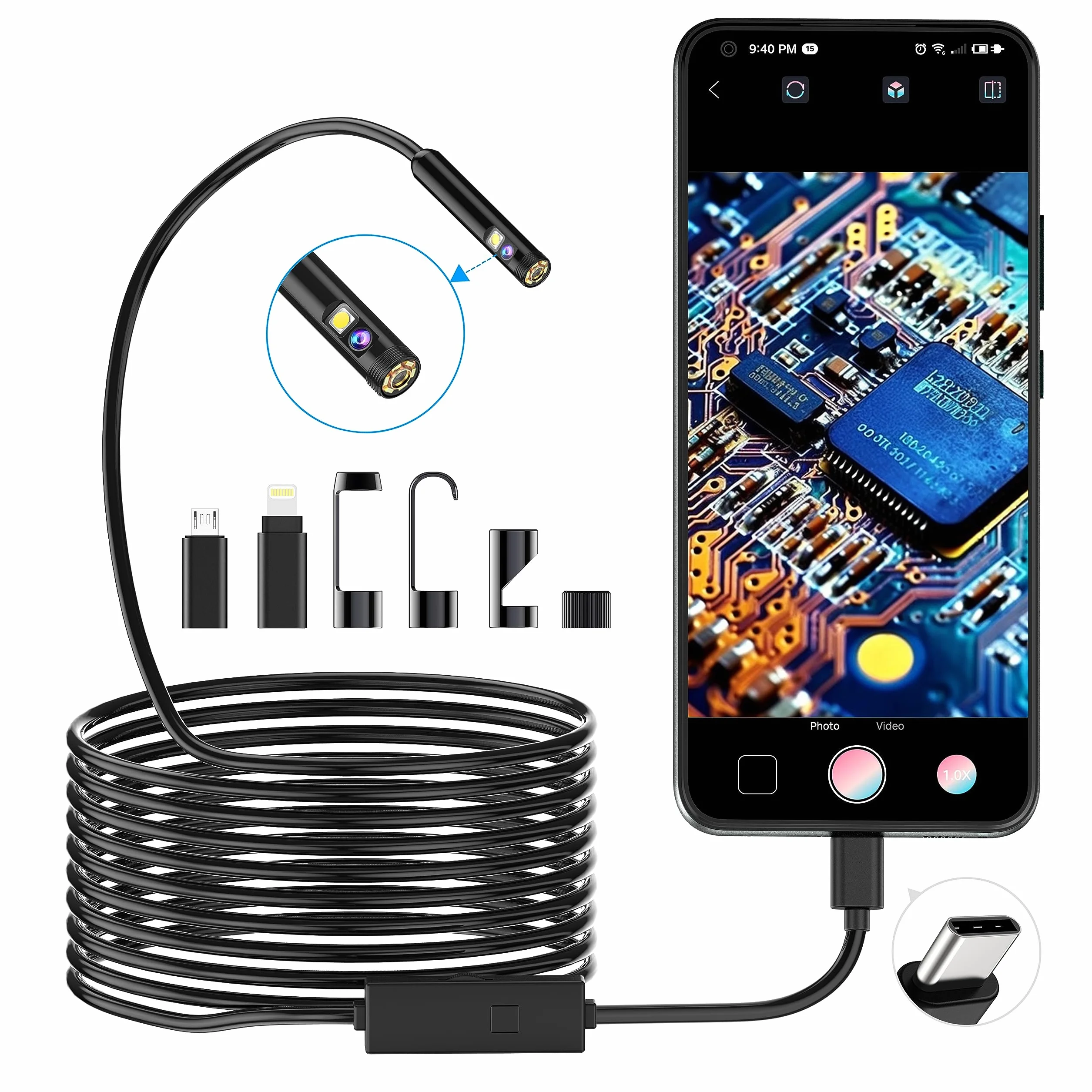 Boroscopio a Serpente a Doppia Lente 1920P, Endoscopio Tipo C con 8 Luci LED per Smartphone Android iOS iPhone iPad Samsung 5M