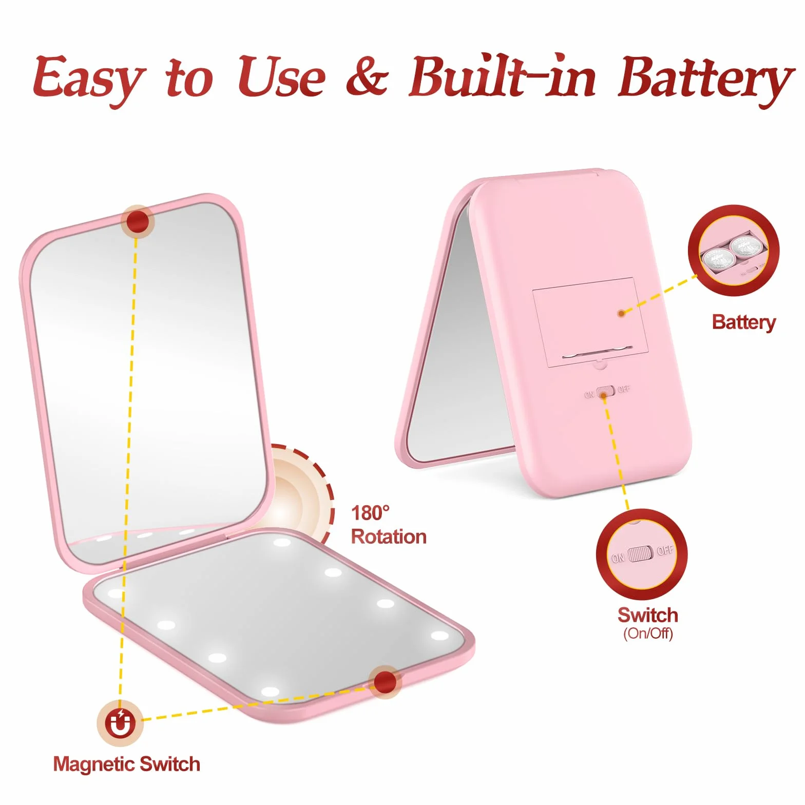 Specchio Portatile con Luce LED 1x/3x Pieghevole per Trucco Viaggio Rosa